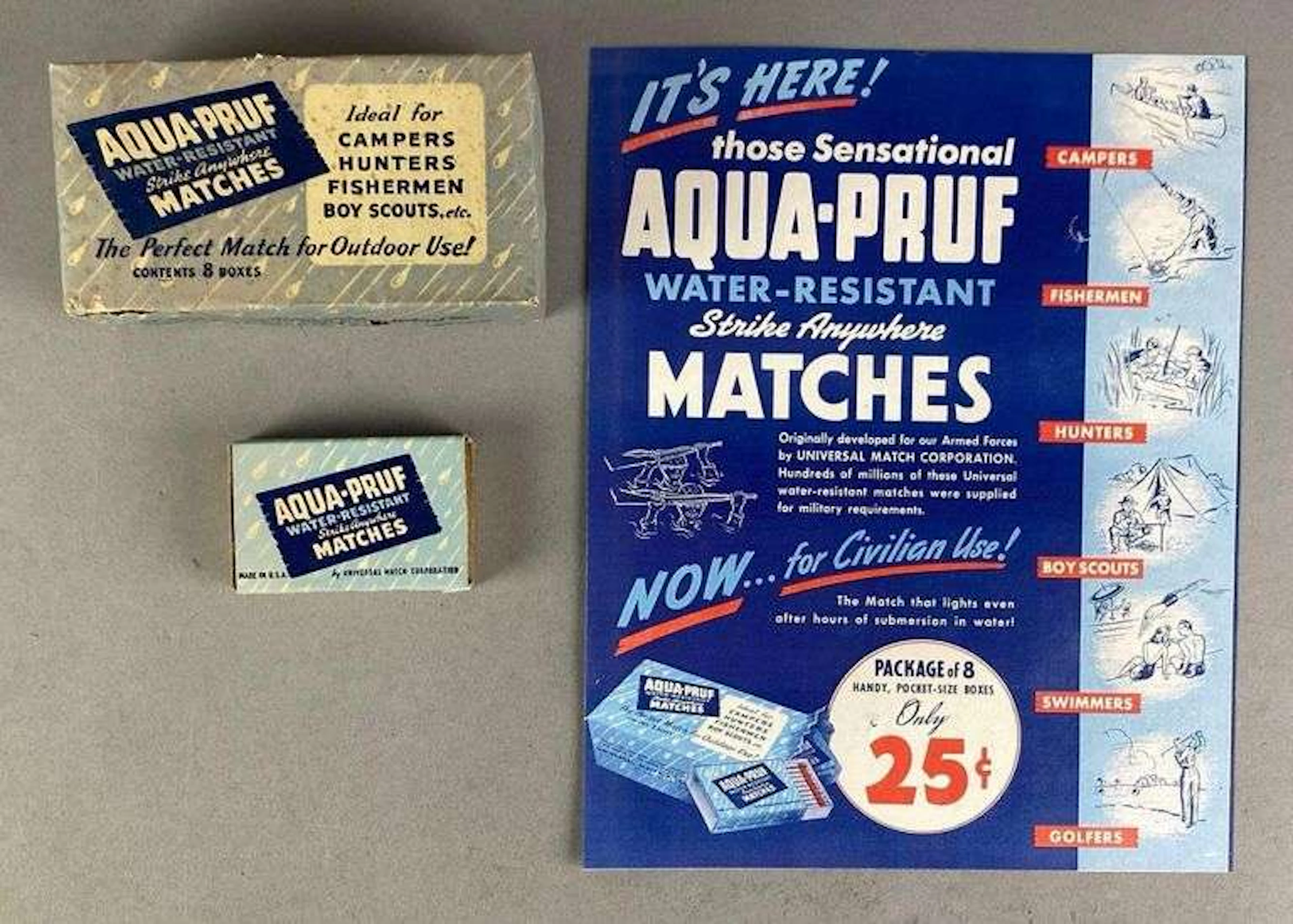 Group of 3 Vintage Aqua-Pruf Advertising Matches