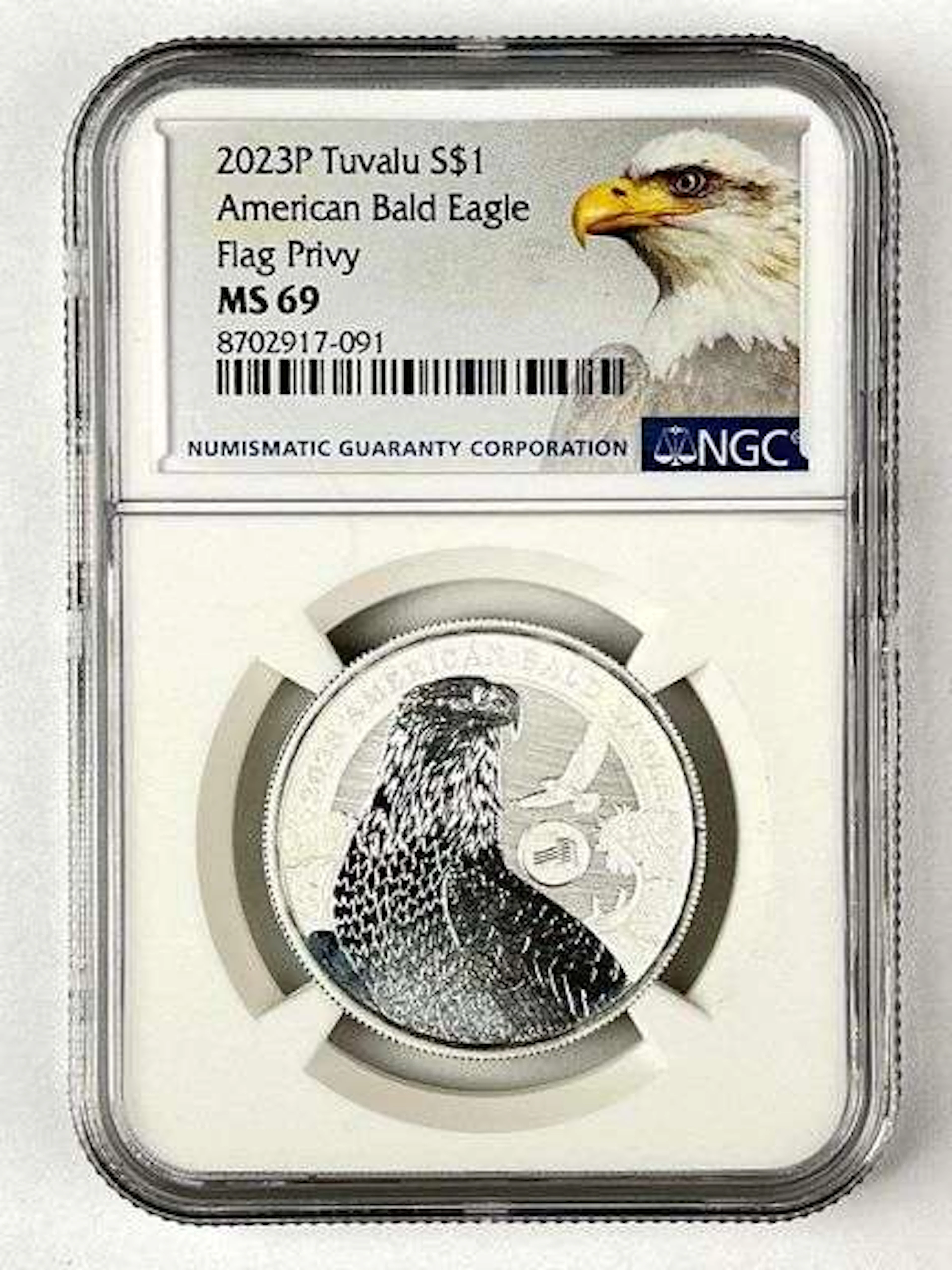 2023 P Tuvalu $1 American Bald Eagle with Flag Privy 1 oz 9999 Silver