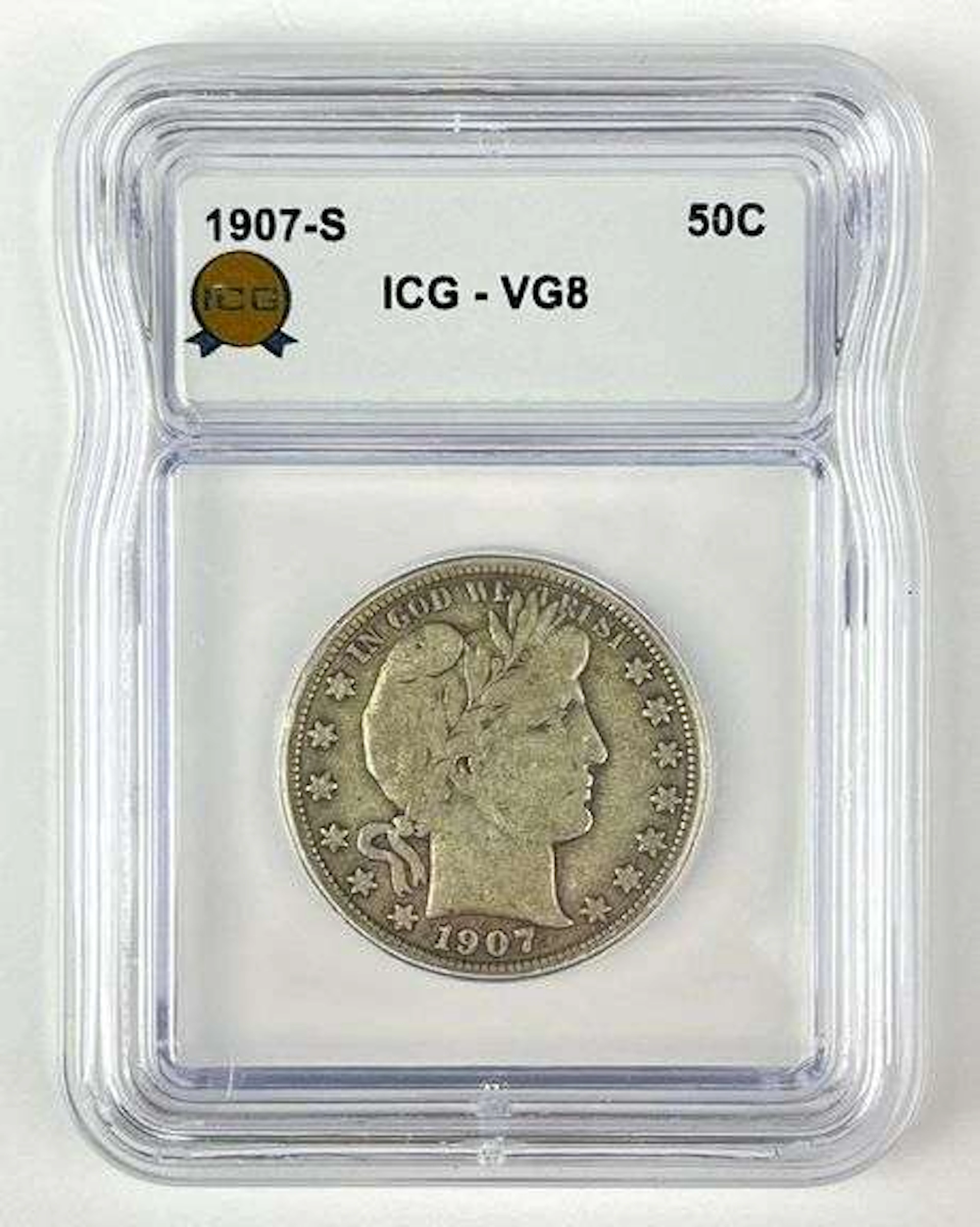 1907 S US Barber 90% Silver Half Dollar ICG VG8