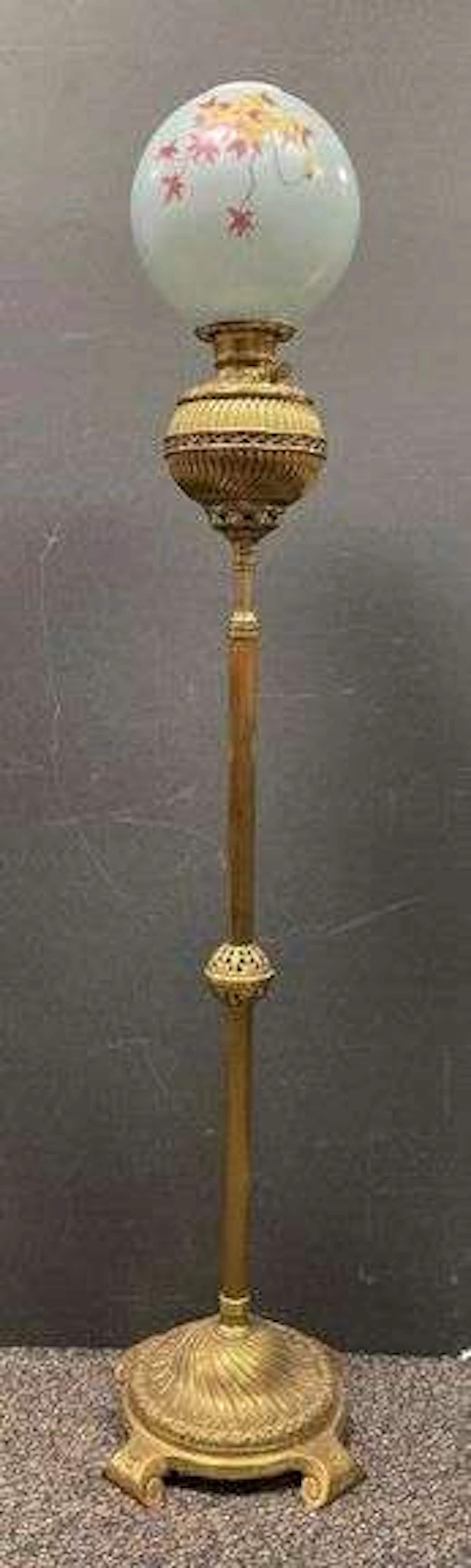 Antique Brass Floor Oil Lamp With Painted Floral Glass Shade