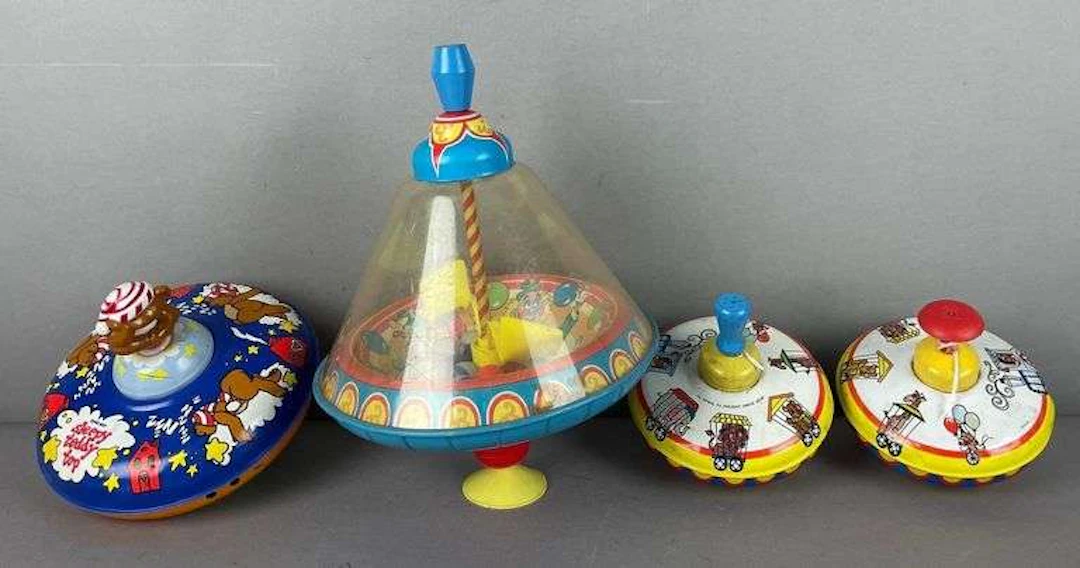 Group of Vintage Ohio Art Mechanical Toy Tops