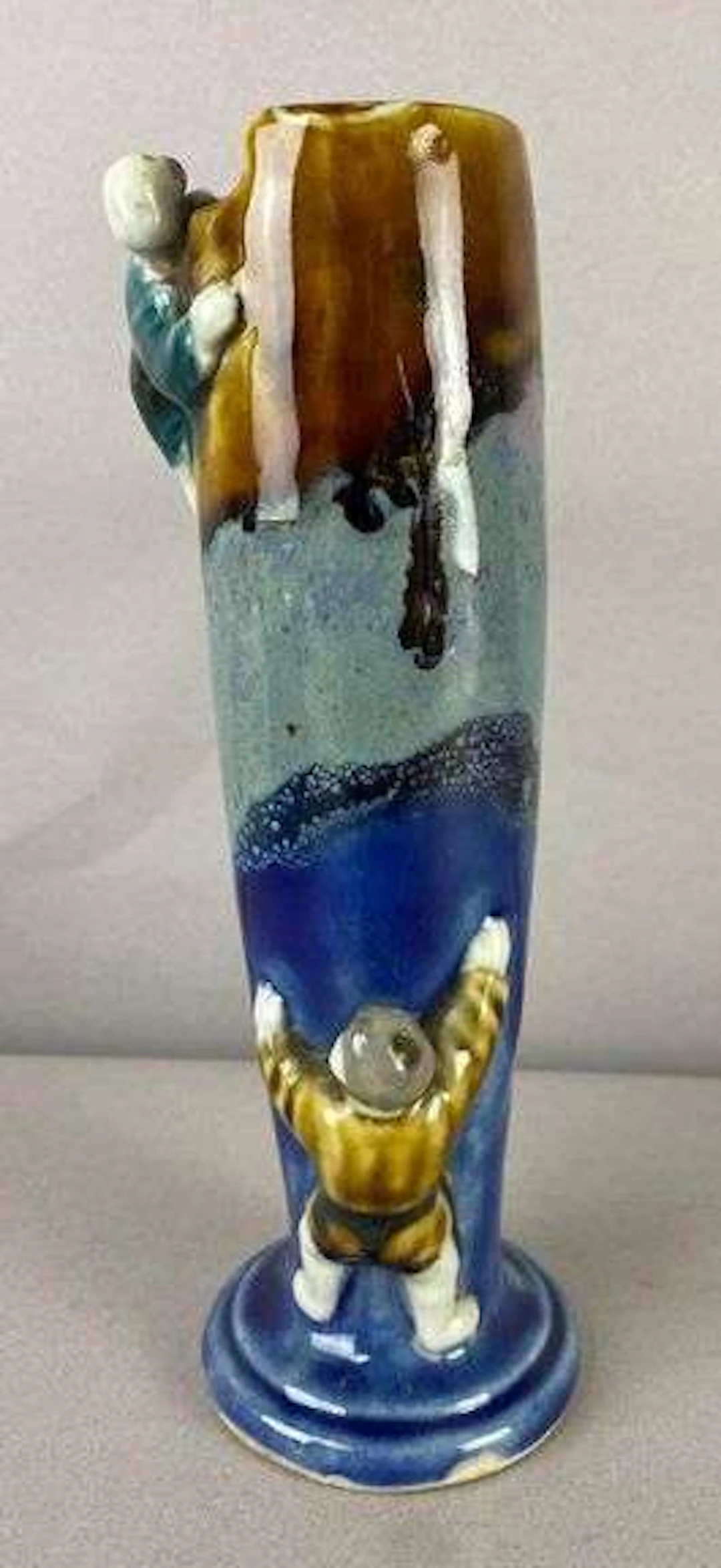 Antique Japanese Sumida Gawa Glazed Ceramic Karako Spill Vase