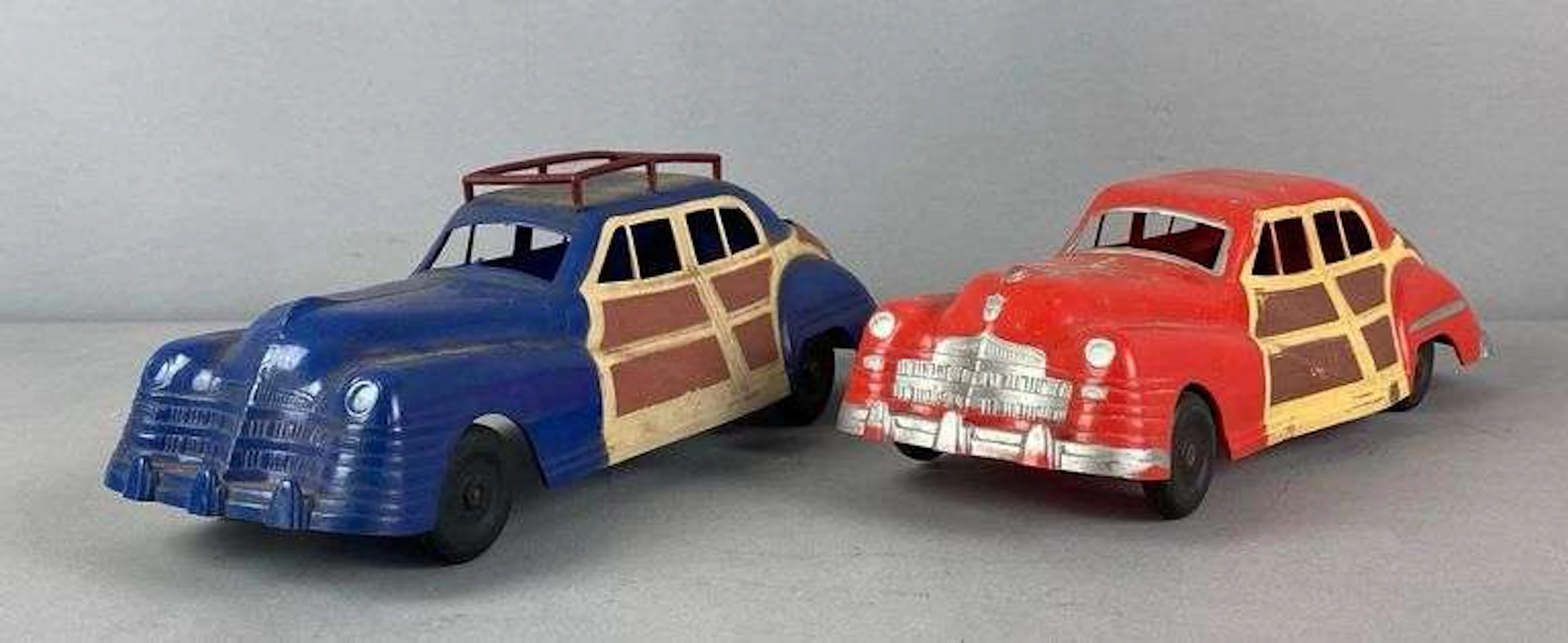 Group of 2 Vintage Irwin Wind Up 1947 Chrysler Woody Toy Car