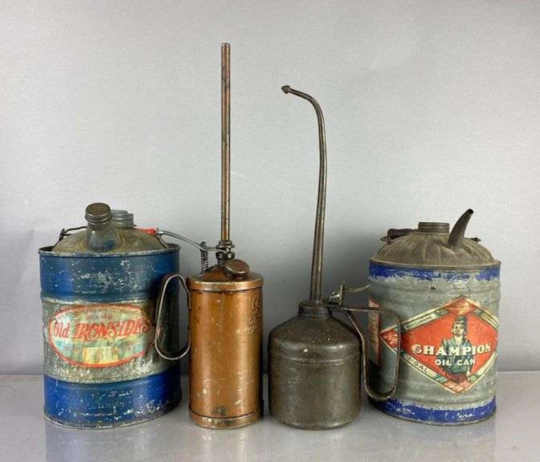 Group of 4 Antique 1 Gallon Advertising Oil Cans and More