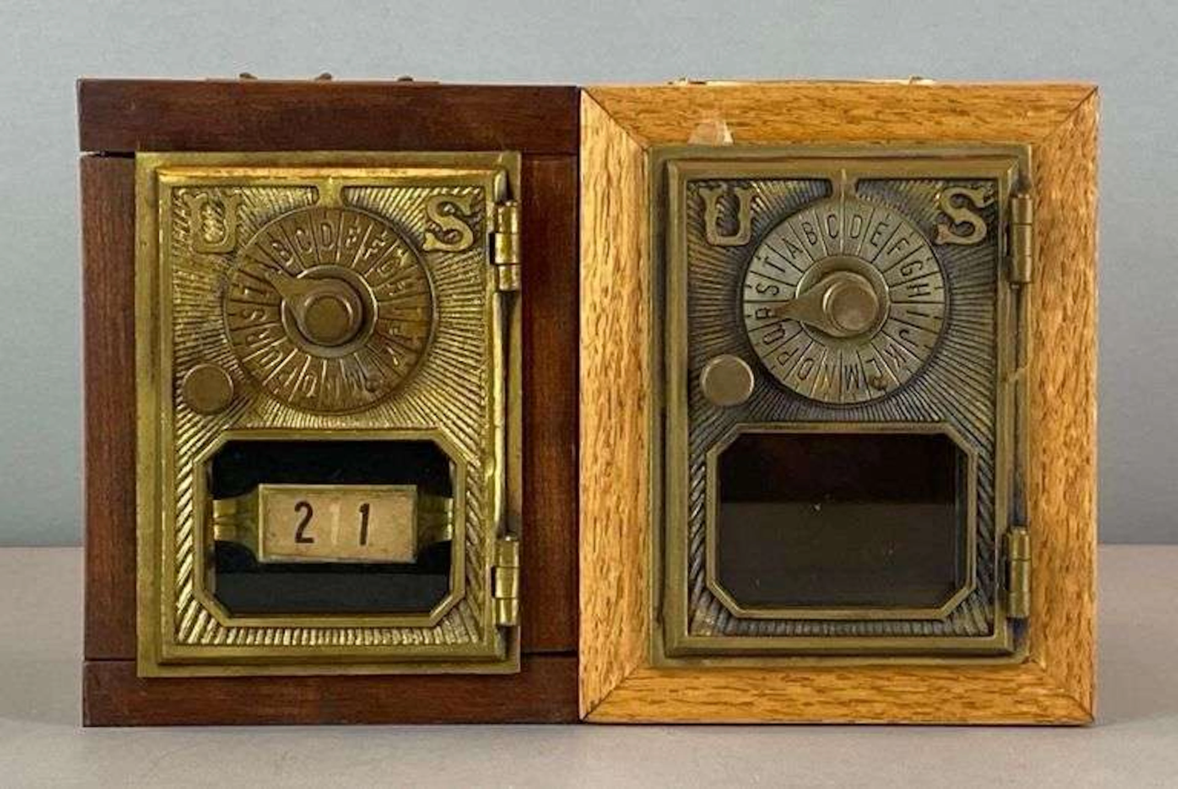 Group of 2 Antique US Post Office Box Door Coin Banks
