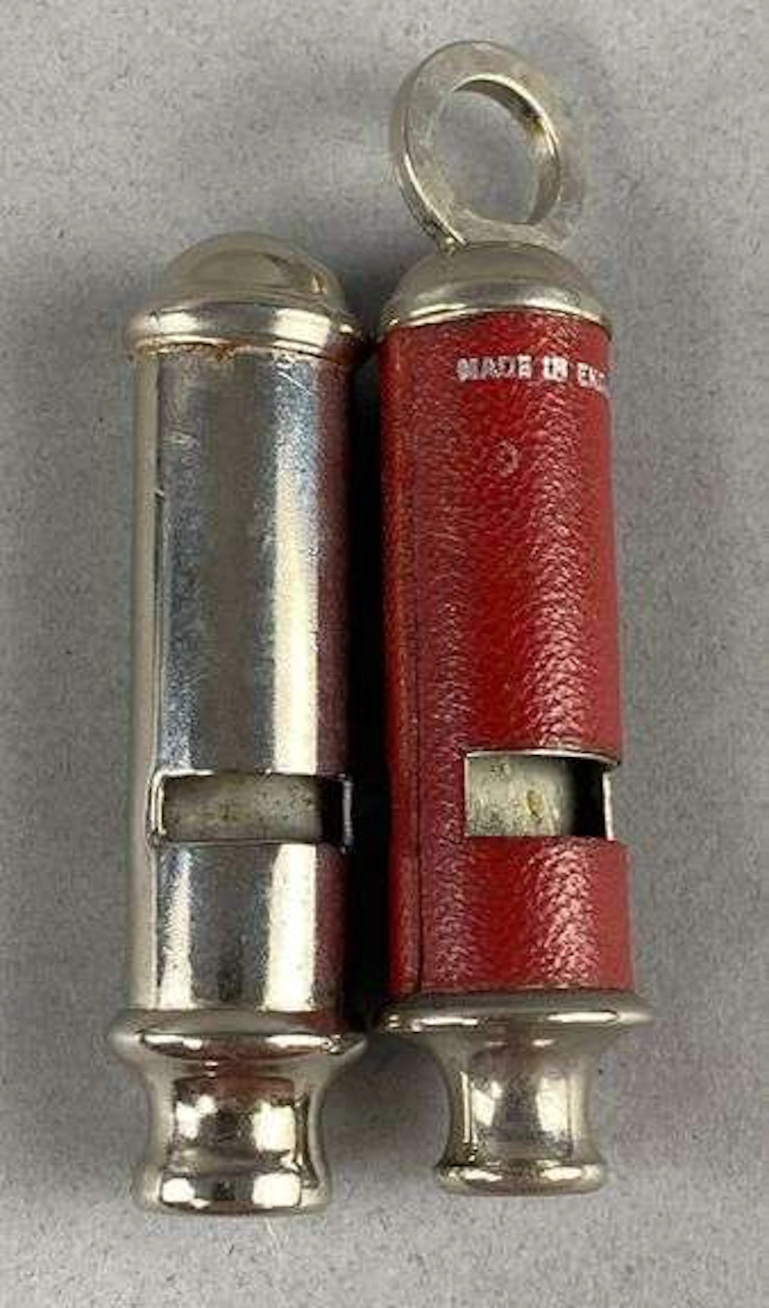 Group of 2 Vintage Red Leather Hudson Metropolitan Whistles