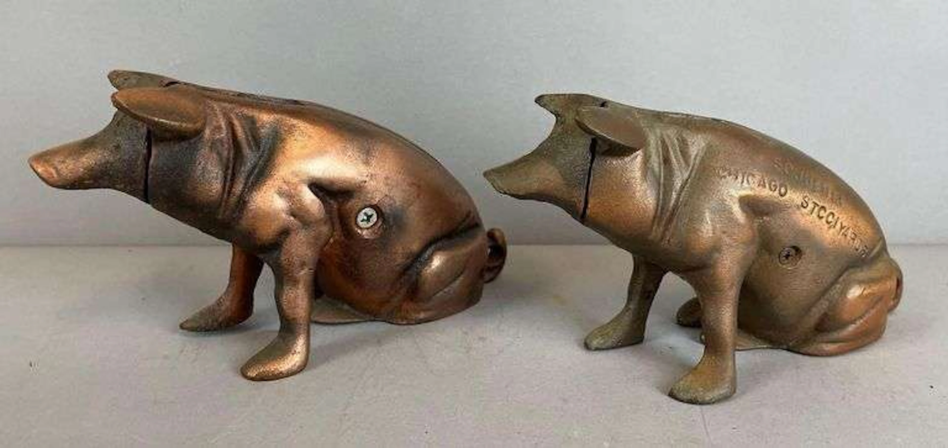 Group of 2 Vintage Brass Chicago Stockyards Souvenir Pig Banks