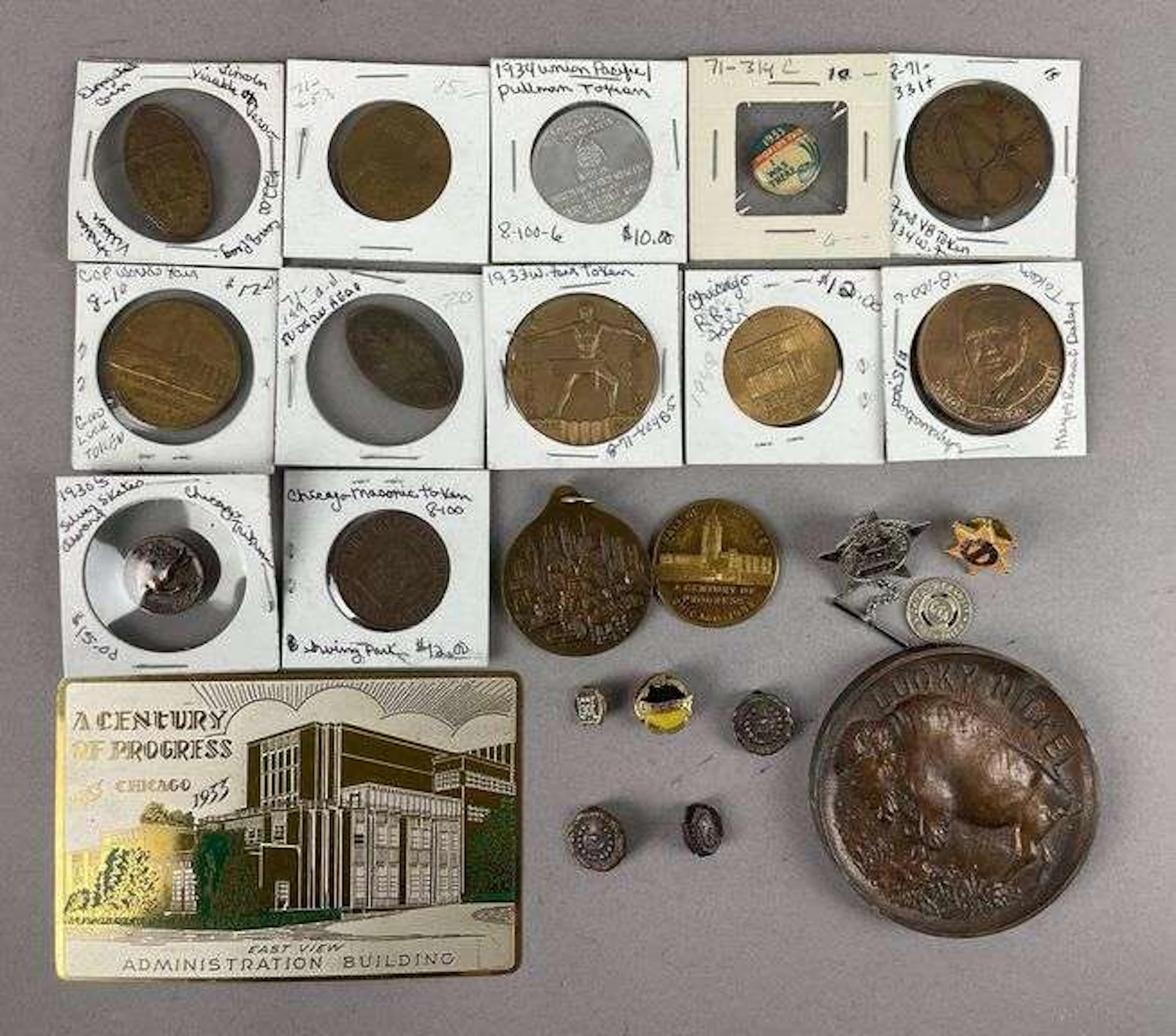 Group of 1933/34 Chicago Worlds Fair Souvenir Tokens and More