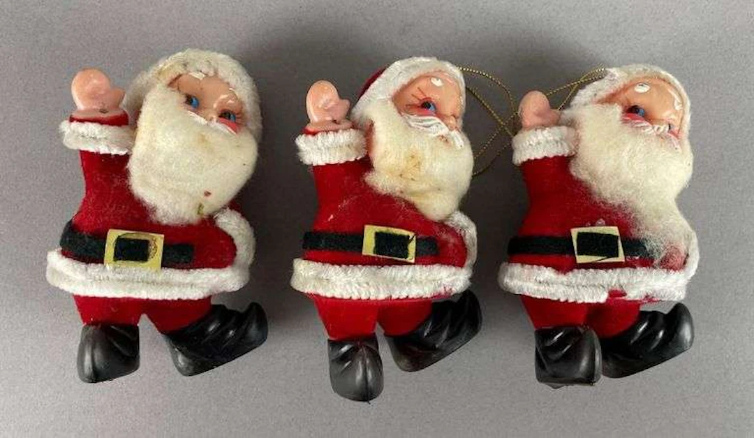 Group of 3 Vintage Flocked Plastic Santa Claus Christmas Ornaments