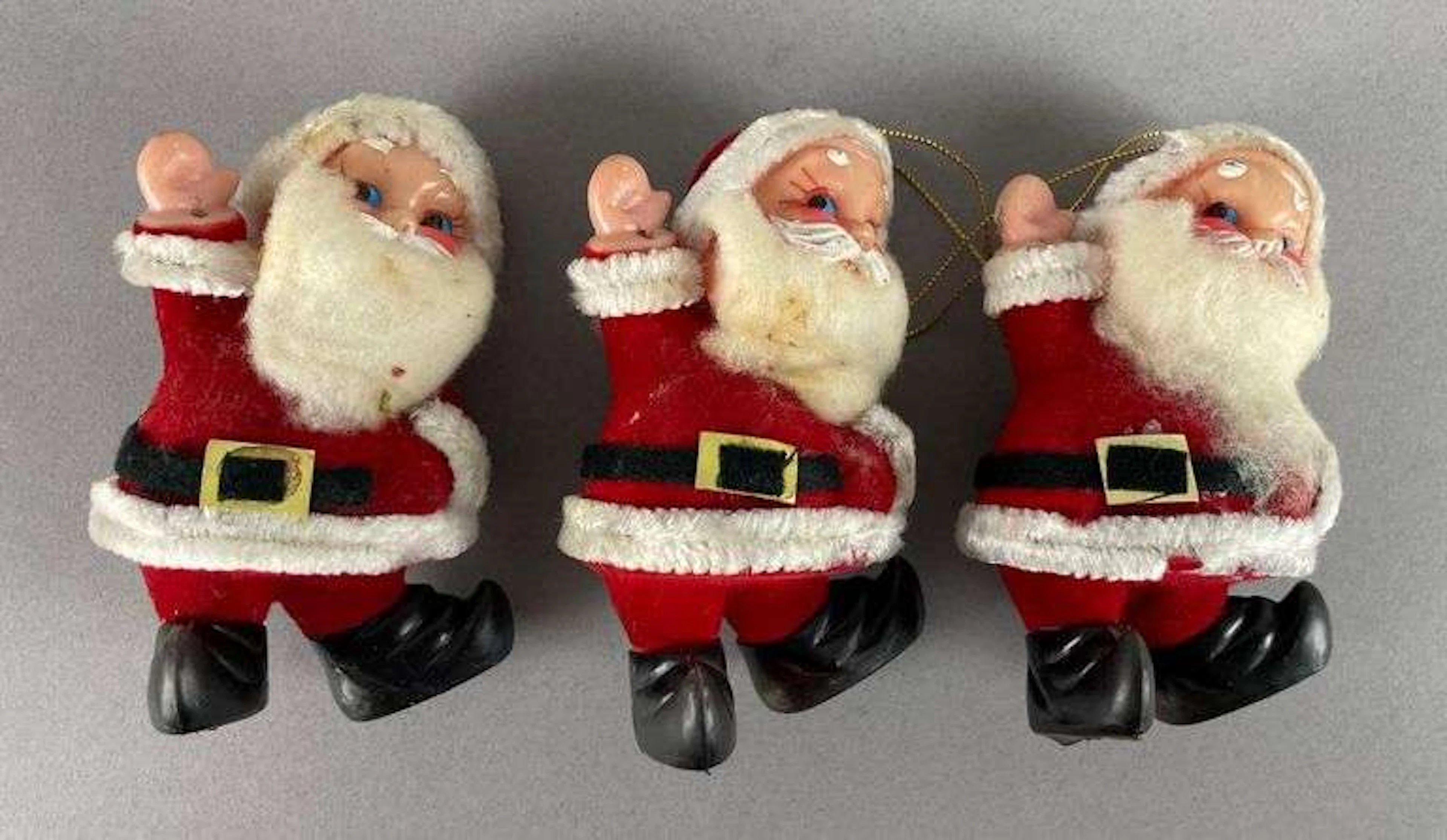 Group of 3 Vintage Flocked Plastic Santa Claus Christmas Ornaments