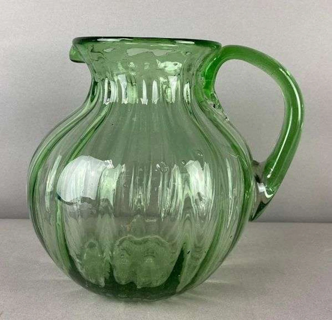 Vintage Emerald Glass Green Ribbed Pitcher