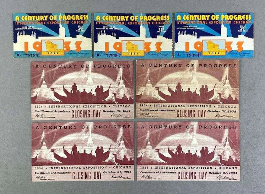 Group of 7 1933/1934 Chicago Worlds Fair Tickets