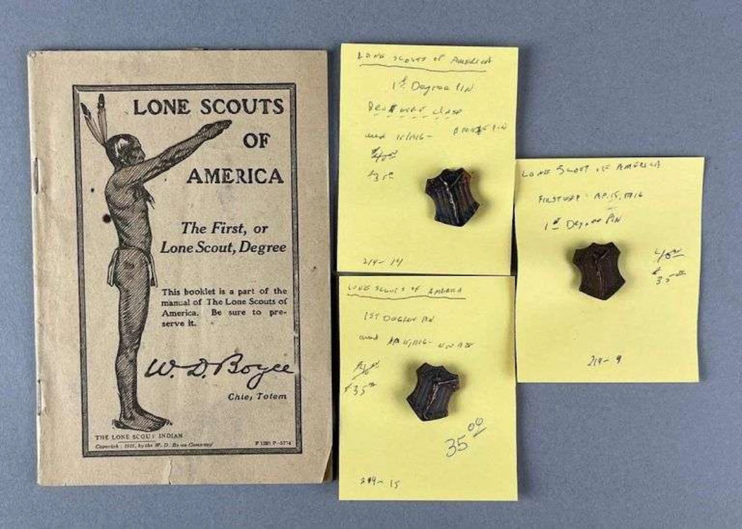 Group of 3 Antique Boy Scout of America First Degree Bronze Pins and Booklet