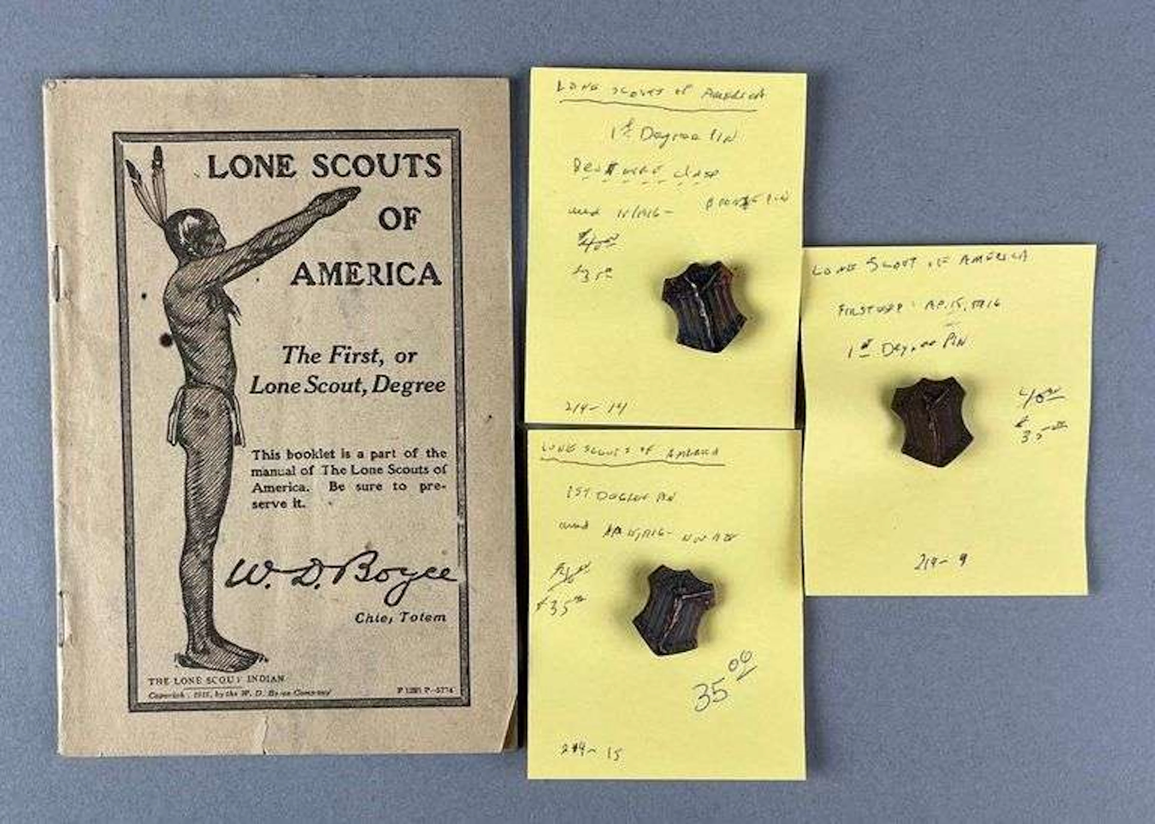 Group of 3 Antique Boy Scout of America First Degree Bronze Pins and Booklet