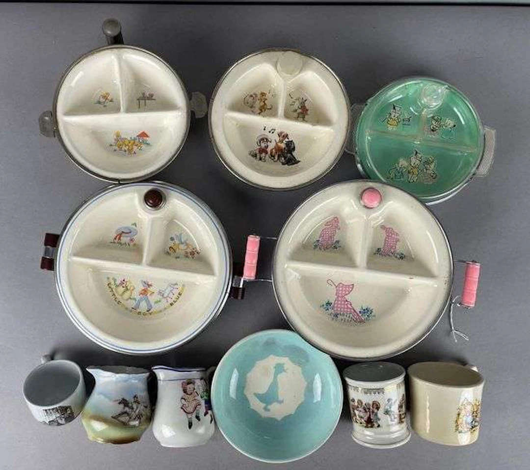 Group of Vintage Childrens Food Warming Dishes and More