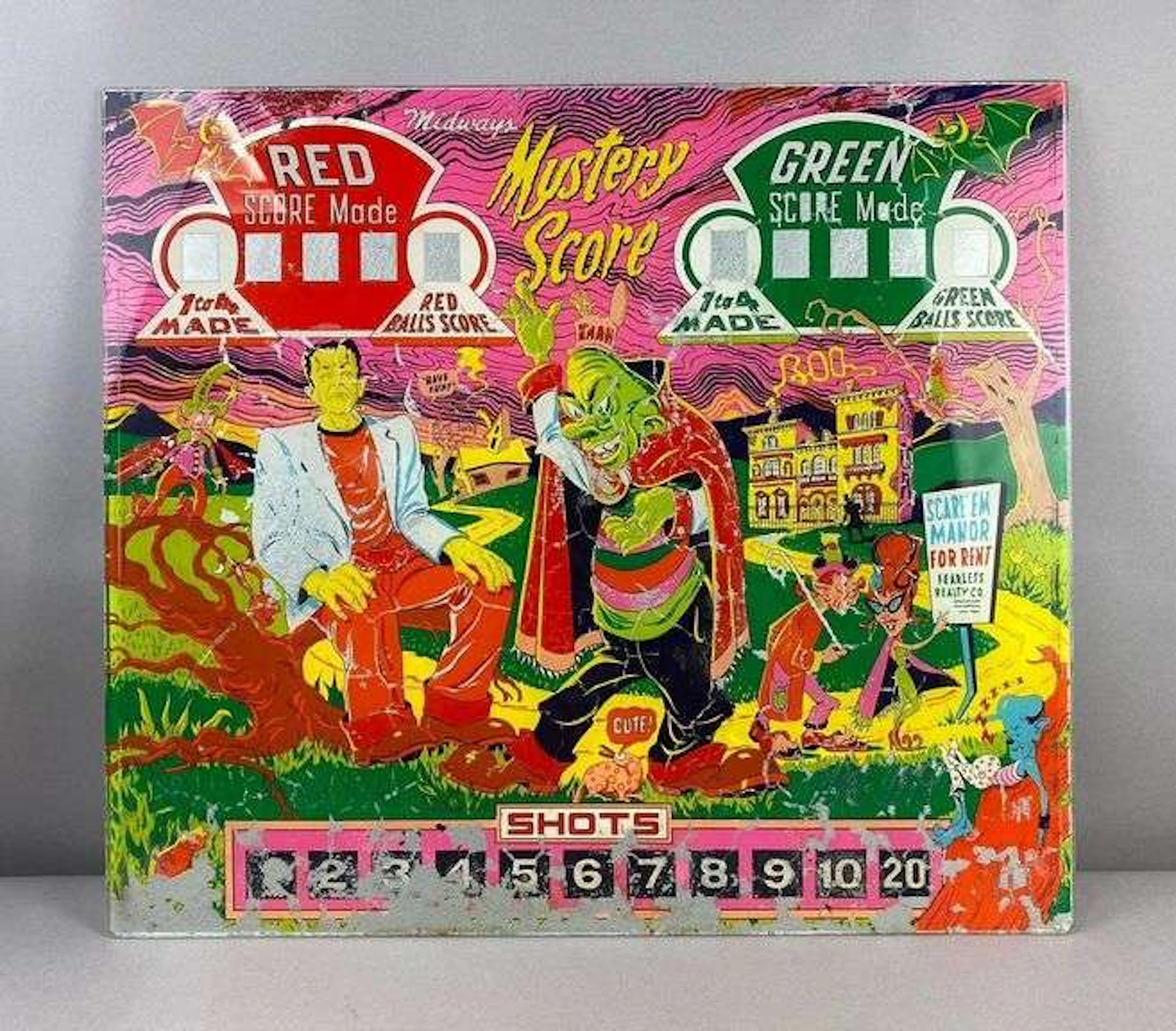 Vintage 1965 Midway Mystery Score Glass Pinball Marquee