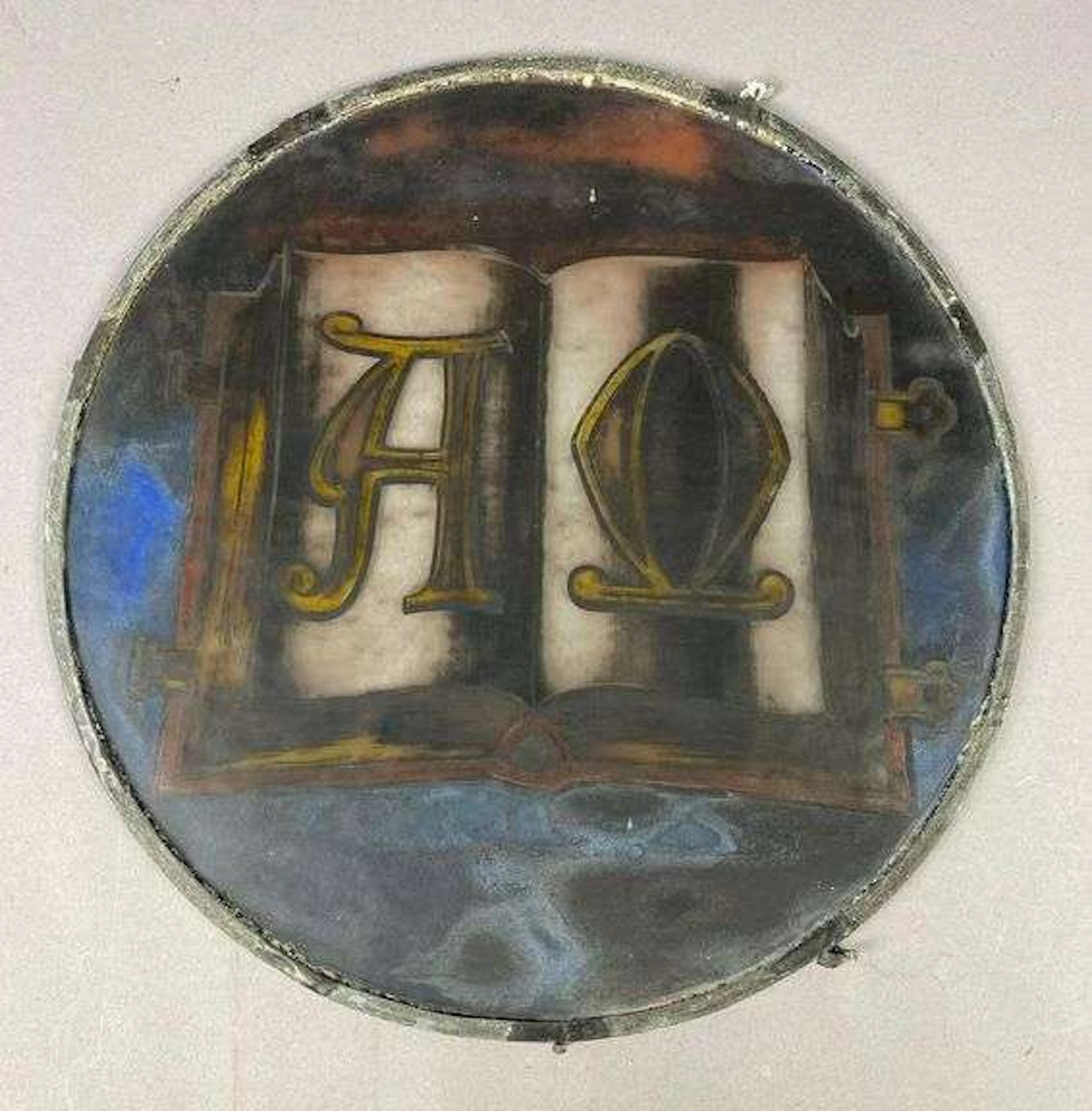 Antique Leaded Painted Greek Alpha and Omega Religious Foundel