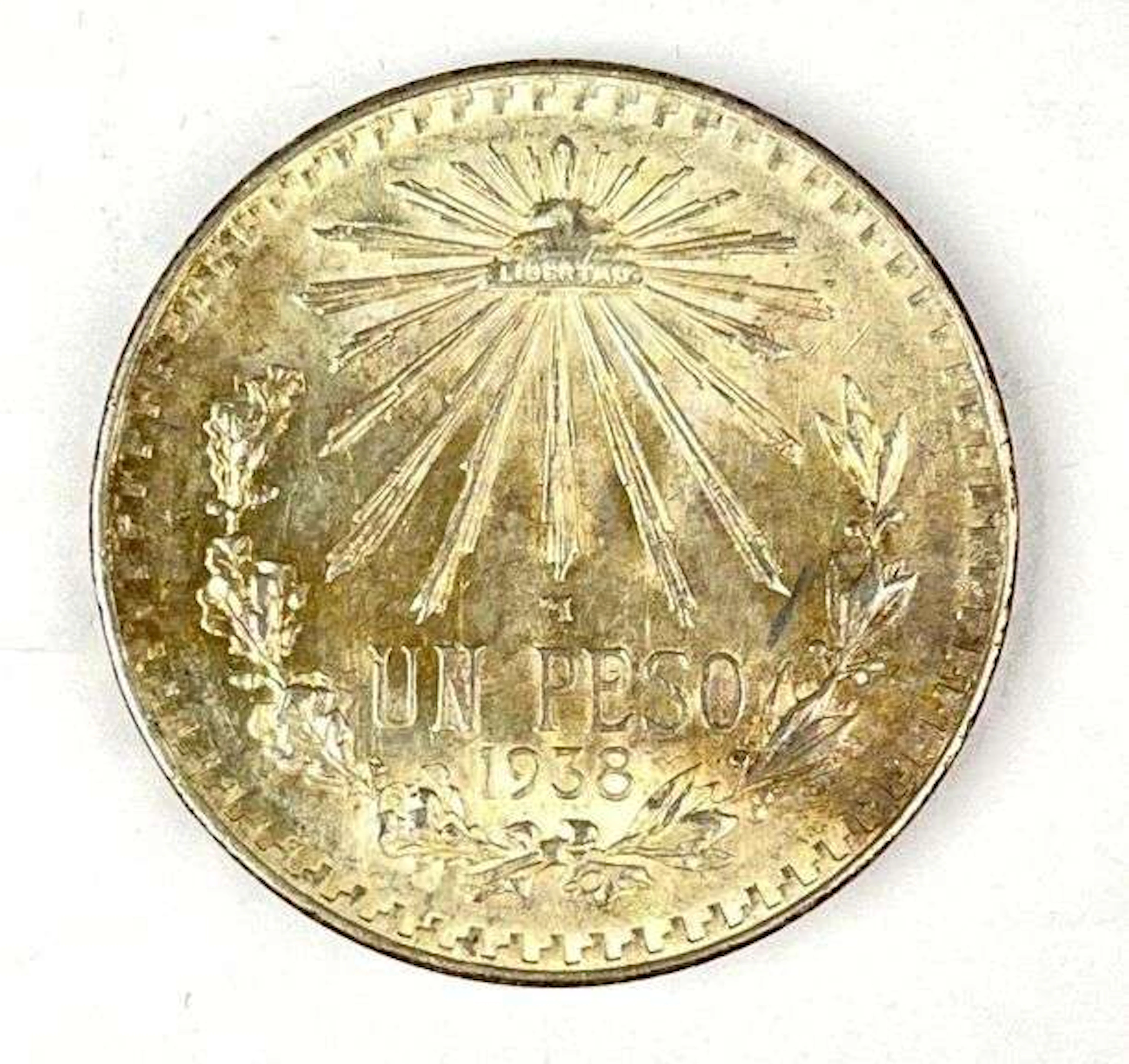 1938 Mexico Un Peso Cap and Rays .720 Silver Coin