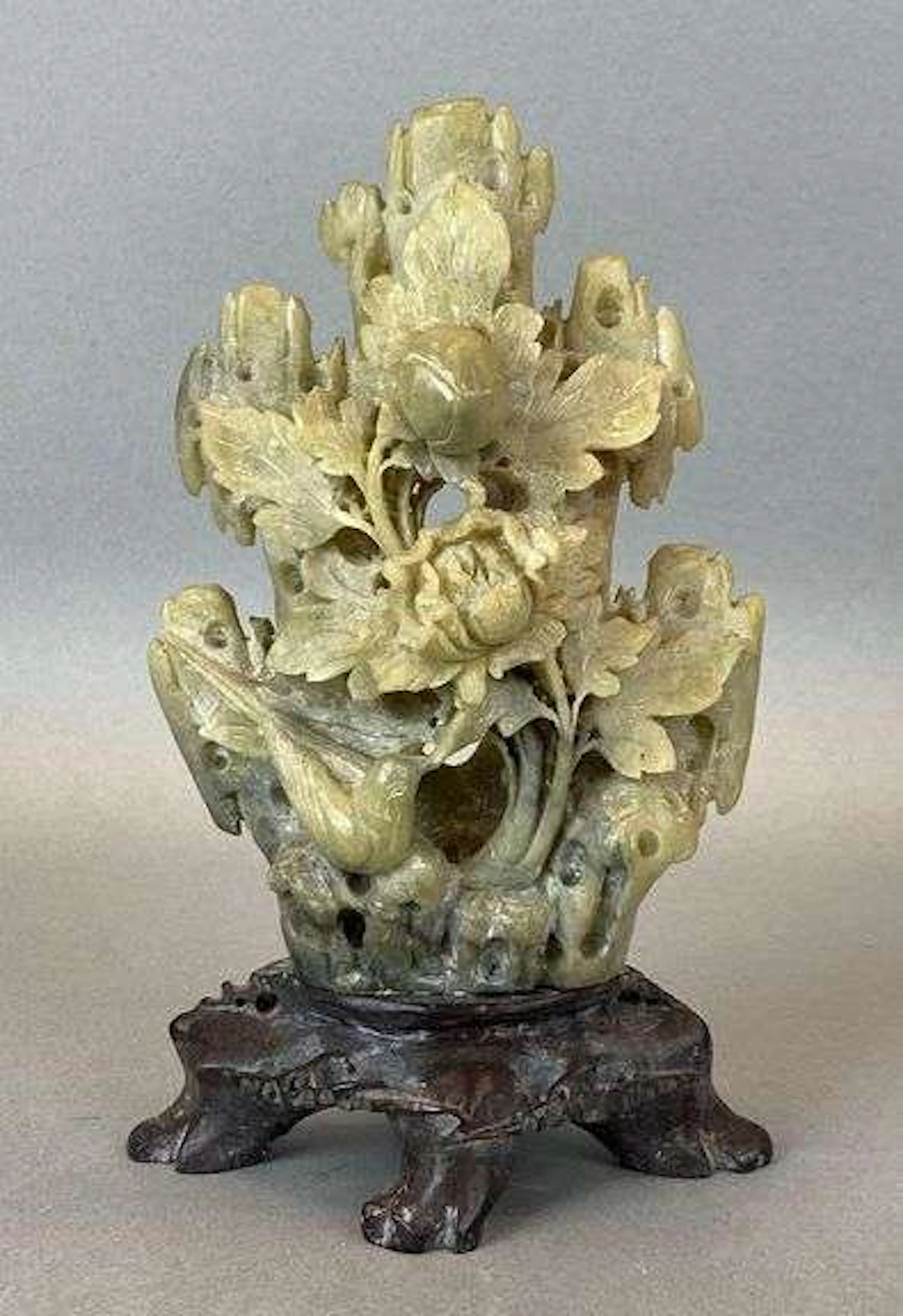 Vintage Chinese Floral Soapstone Carved Figurine