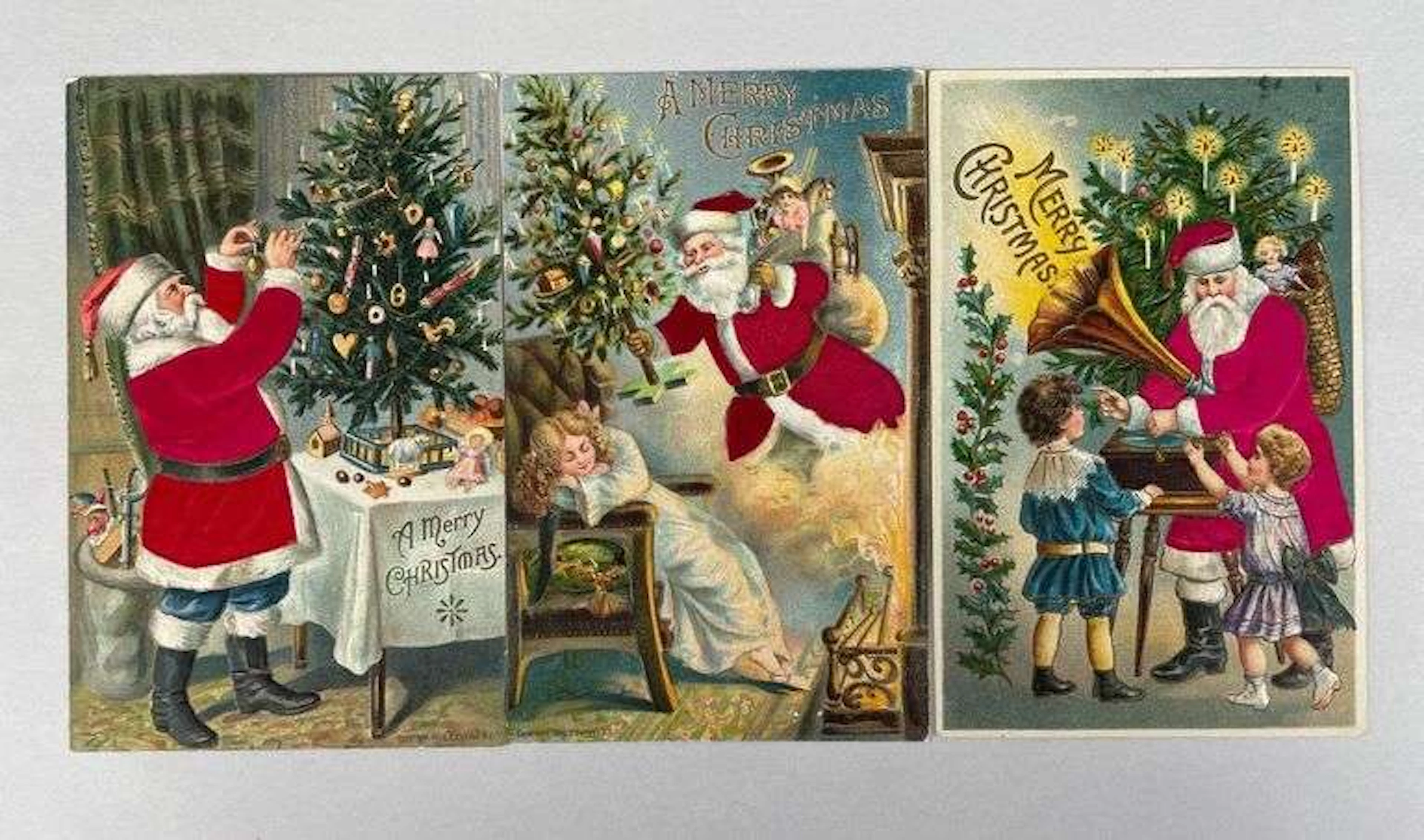 Postcards - 3 Silk Santa Christmas