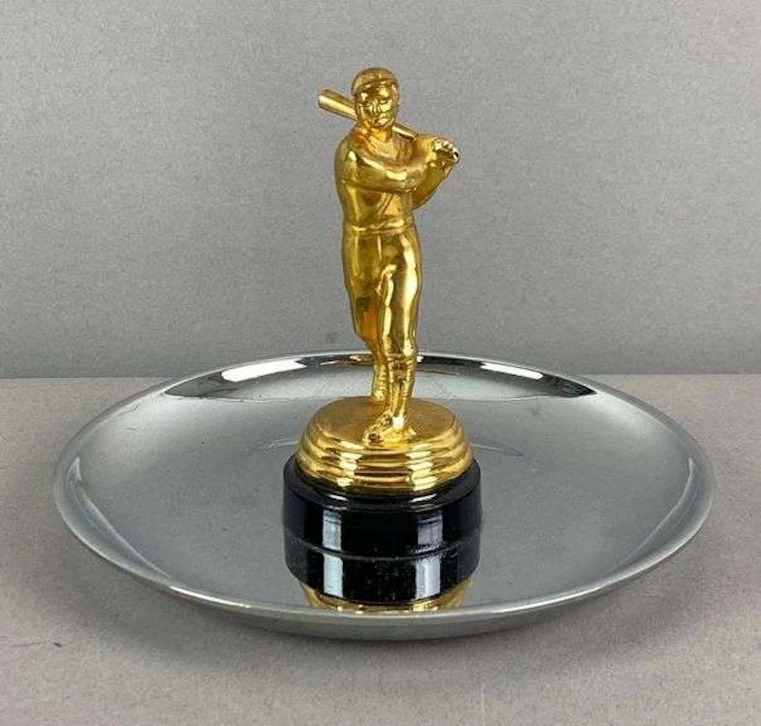 Hamilton Chrome and Gilt Baseball Figure Ashtray