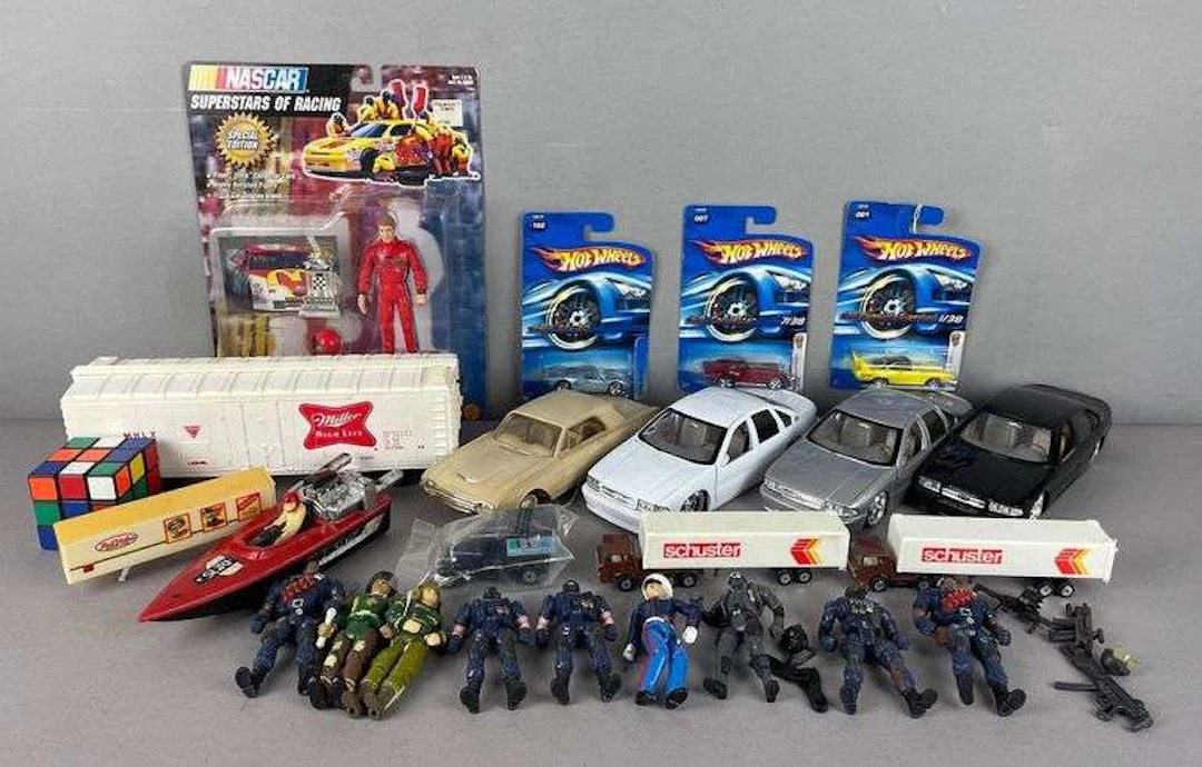 Group of Die-Cast Vehicles and Action Figures