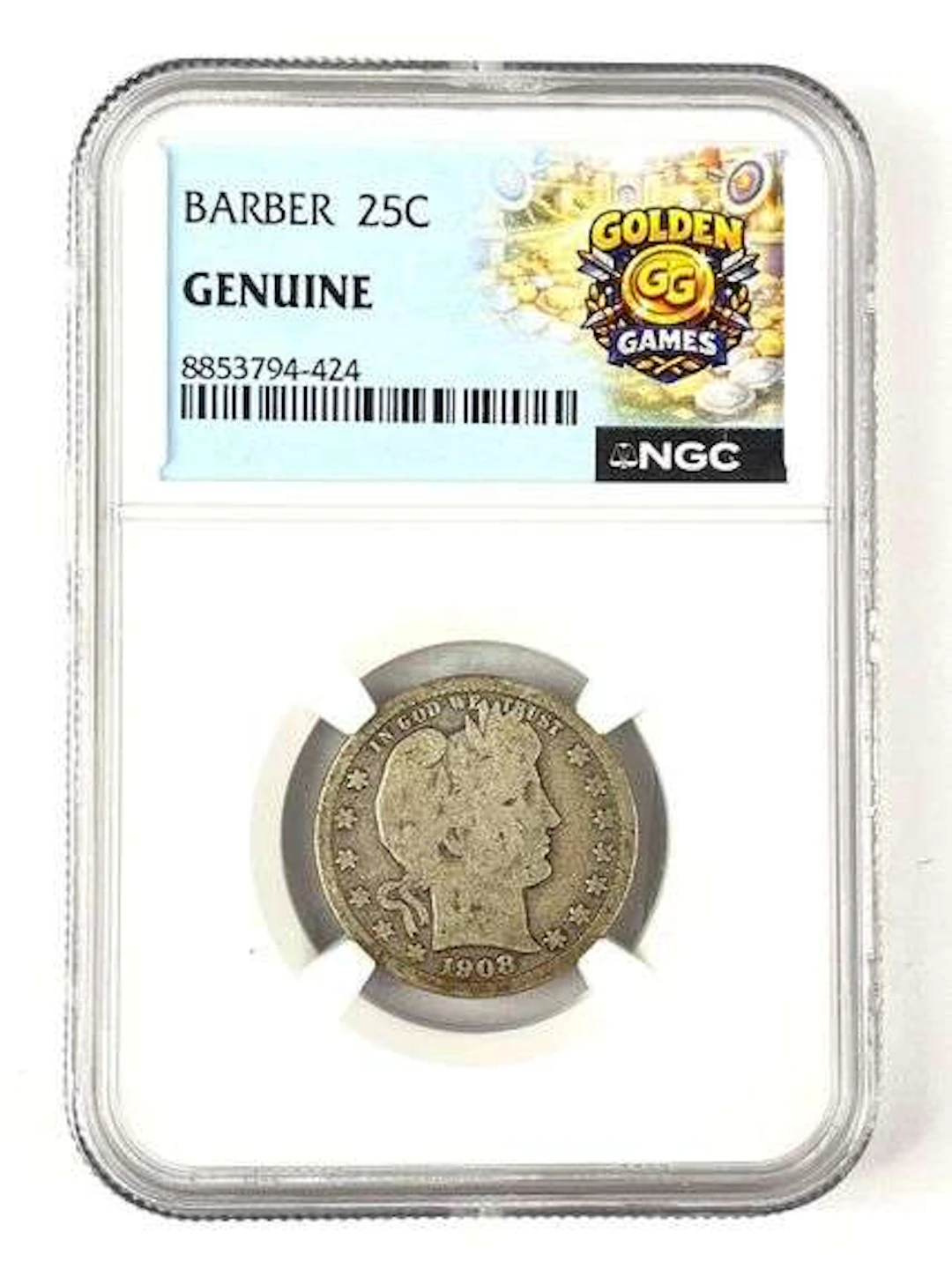 1908 US Barber 90% Silver Quarter NGC Genuine