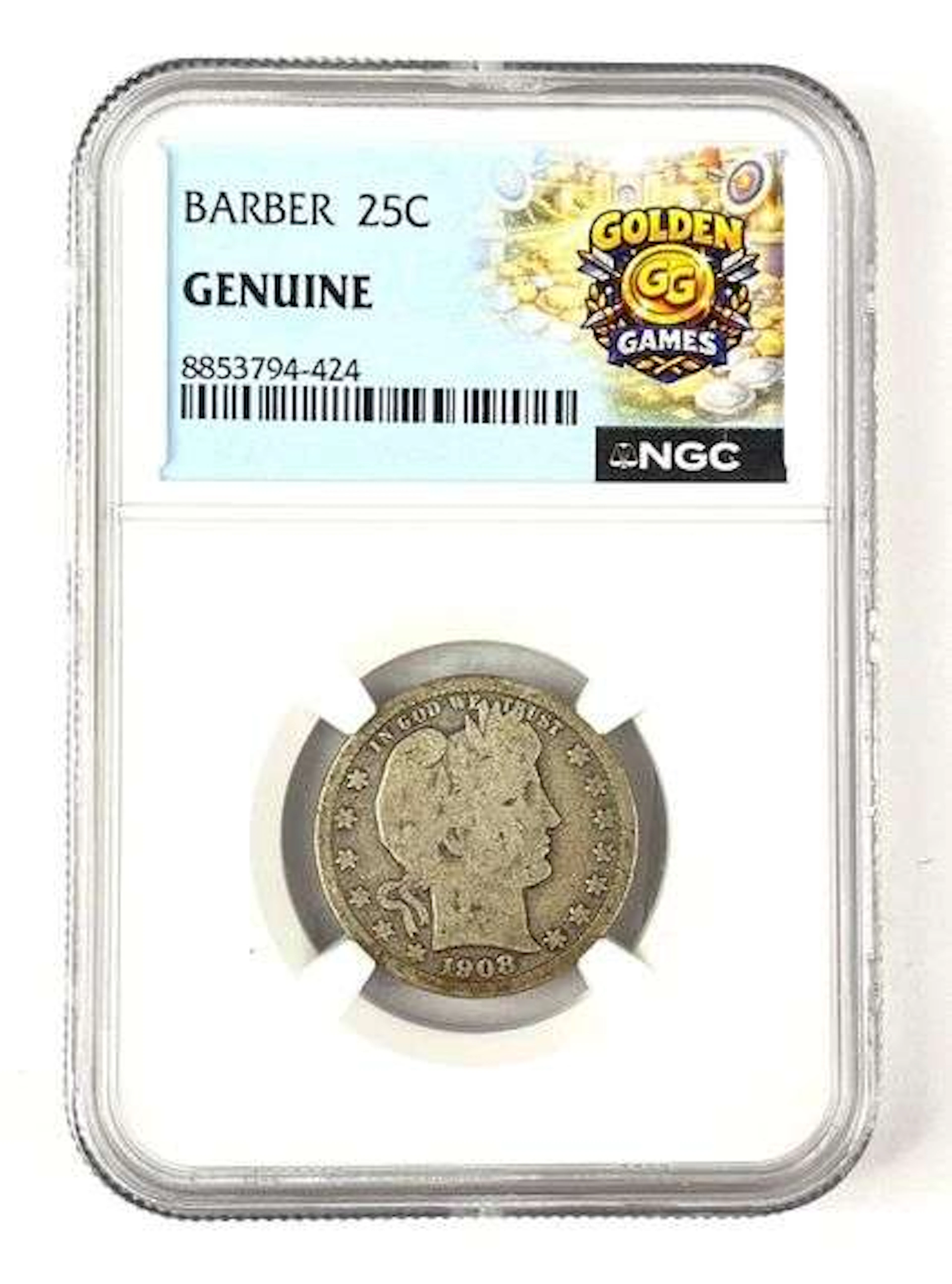 1908 US Barber 90% Silver Quarter NGC Genuine