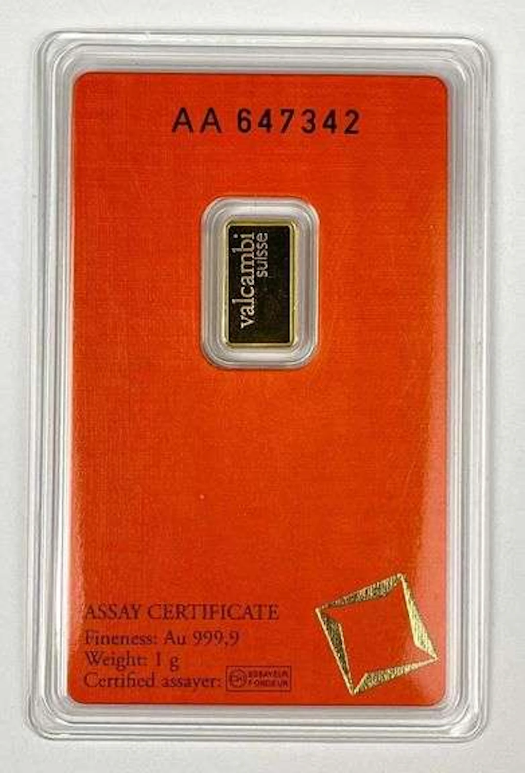 Valcambi Suisse 1 Gram 999.9 Fine Gold Ingot/ Bar