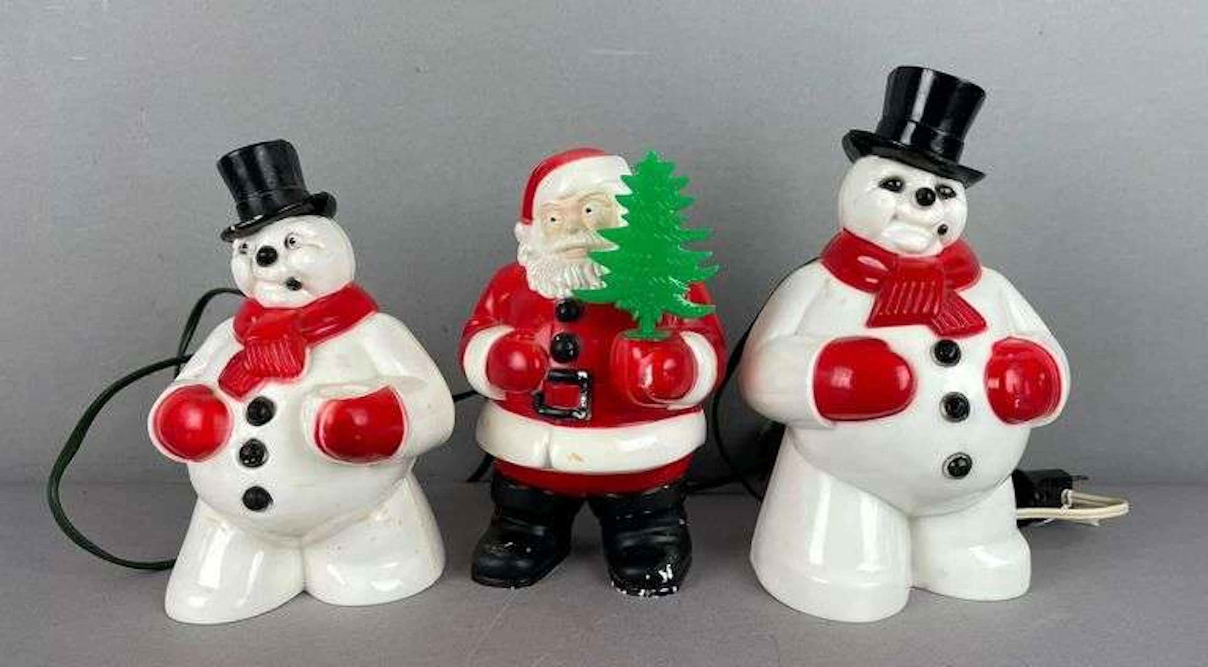 Group of 2 Vintage Light-Up Plastic Snowmen and Santa Claus