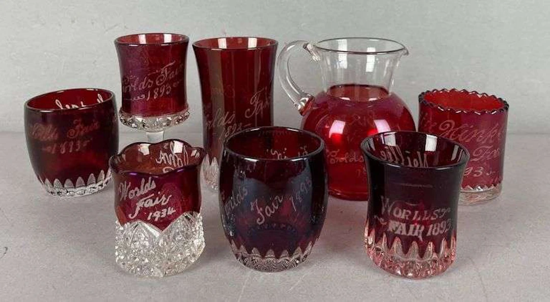 Group of 1893 Chicago Worlds Fair Souvenir Ruby Flash Glass Toothpick Holders
