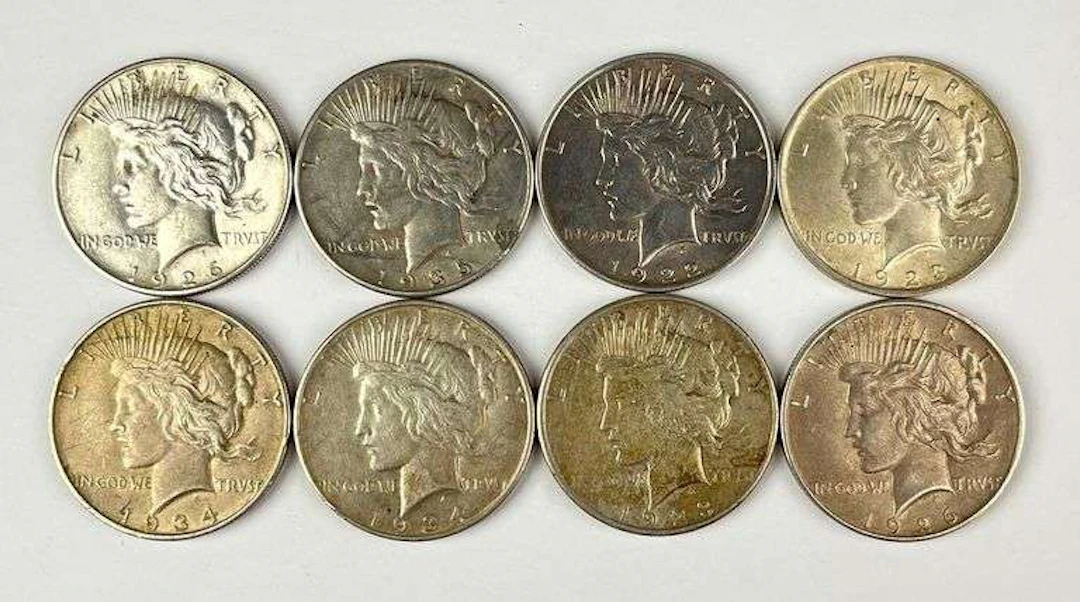 Group of 8 US Peace Silver Dollars