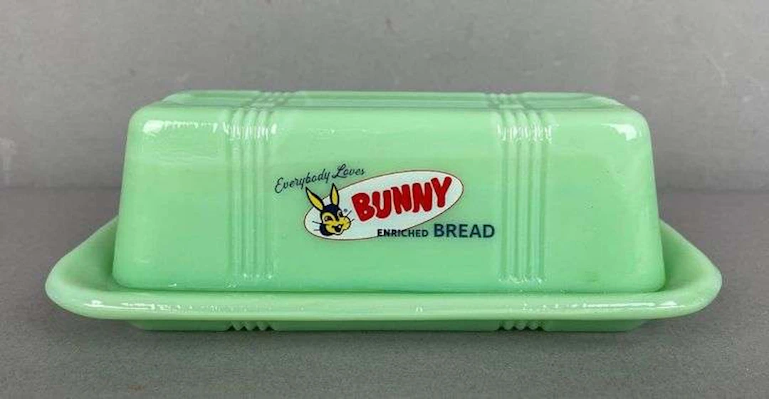 Vintage Bunny Bread Jadeite Glass Advertising Butter Dish