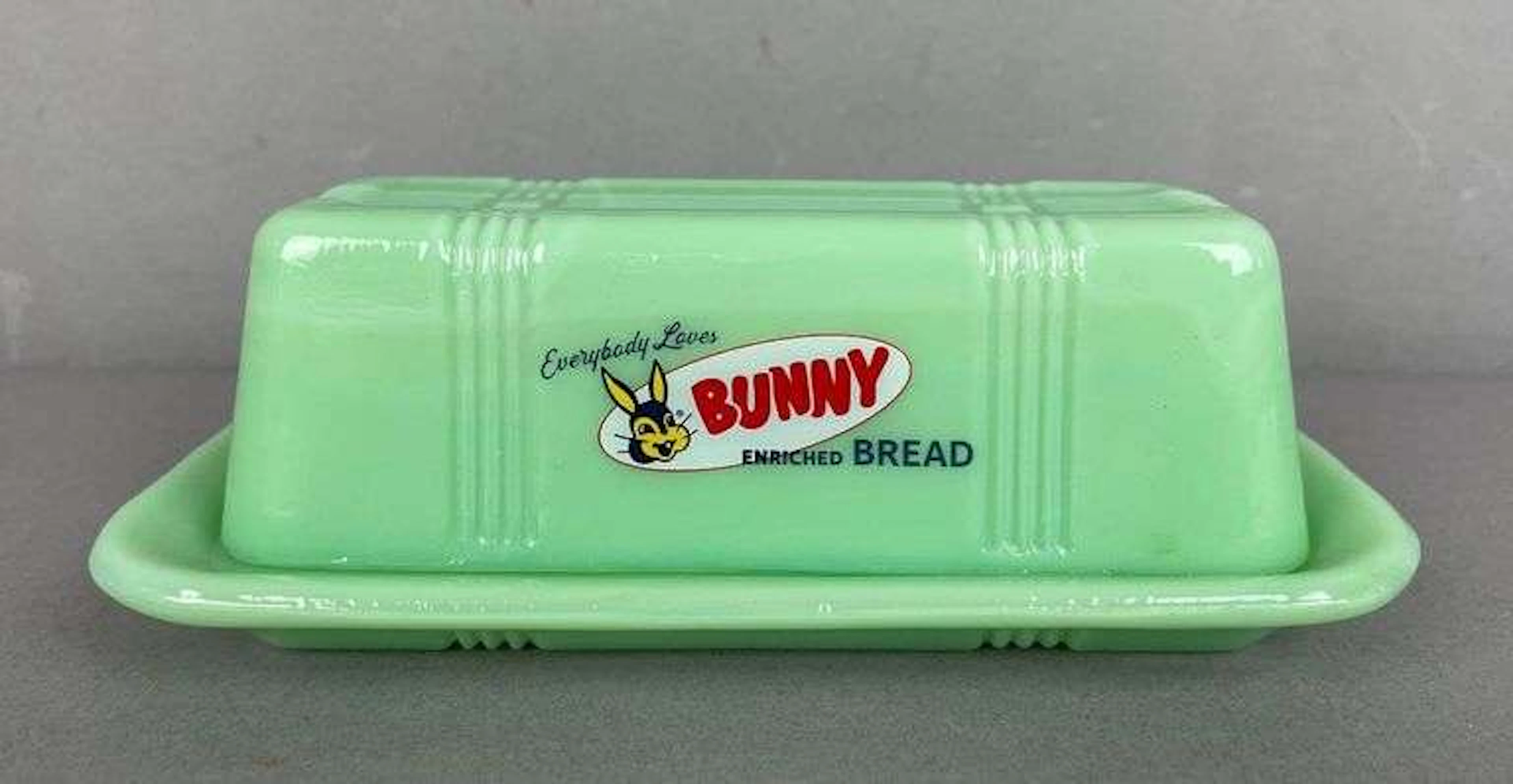 Vintage Bunny Bread Jadeite Glass Advertising Butter Dish