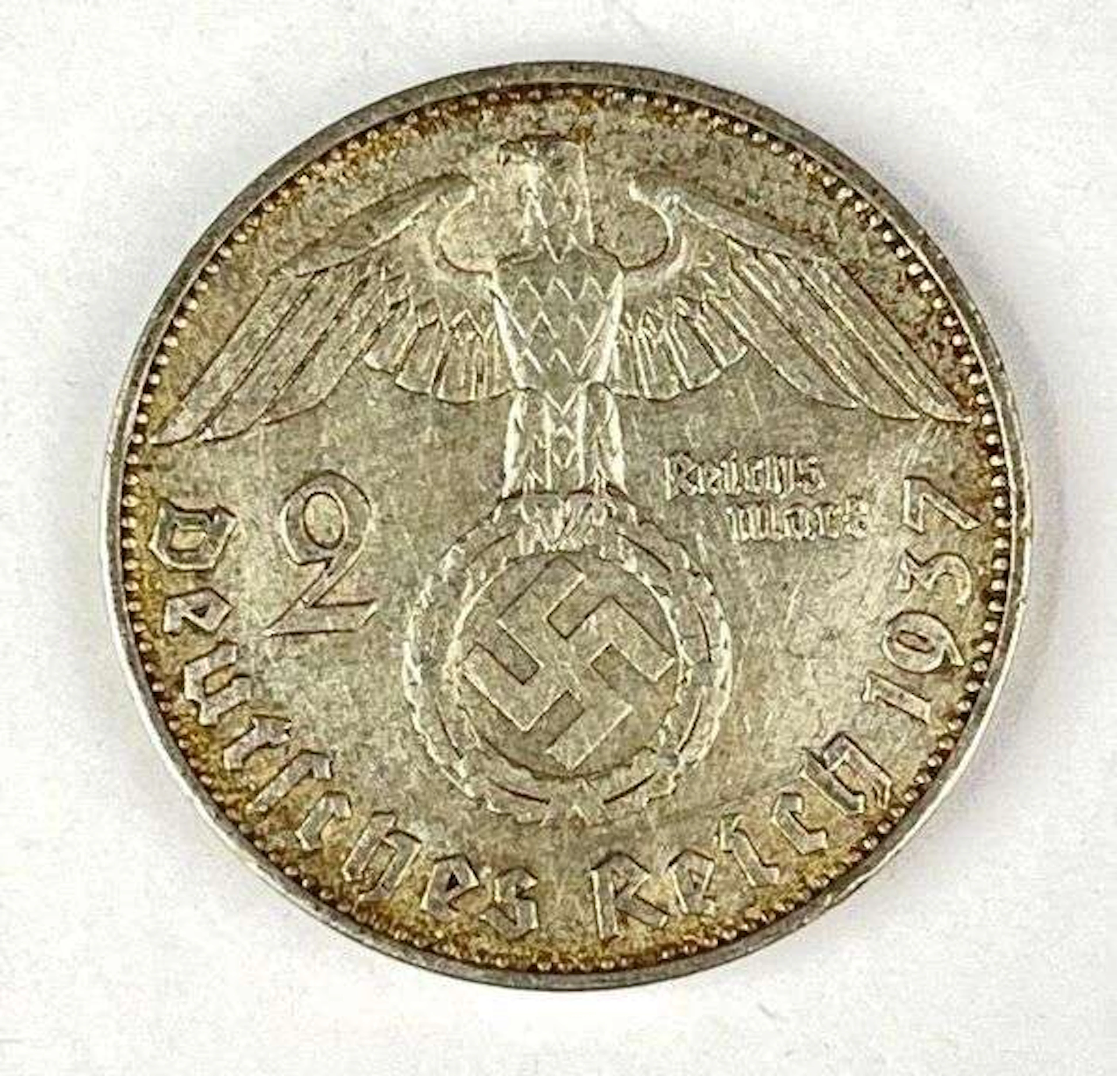 1937 WW2 German Paul von Hindenburg 2 Reichsmark Silver Coin