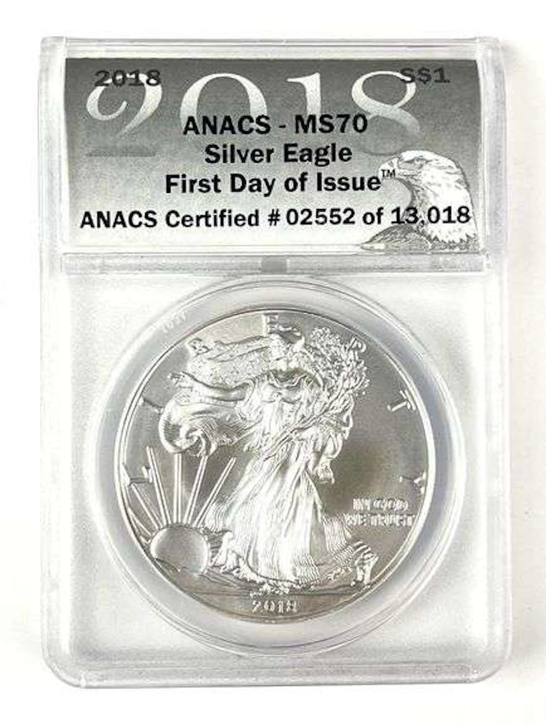 2018 US $1 American Silver Eagle 1 oz Fine Silver Coin ANACS MS70