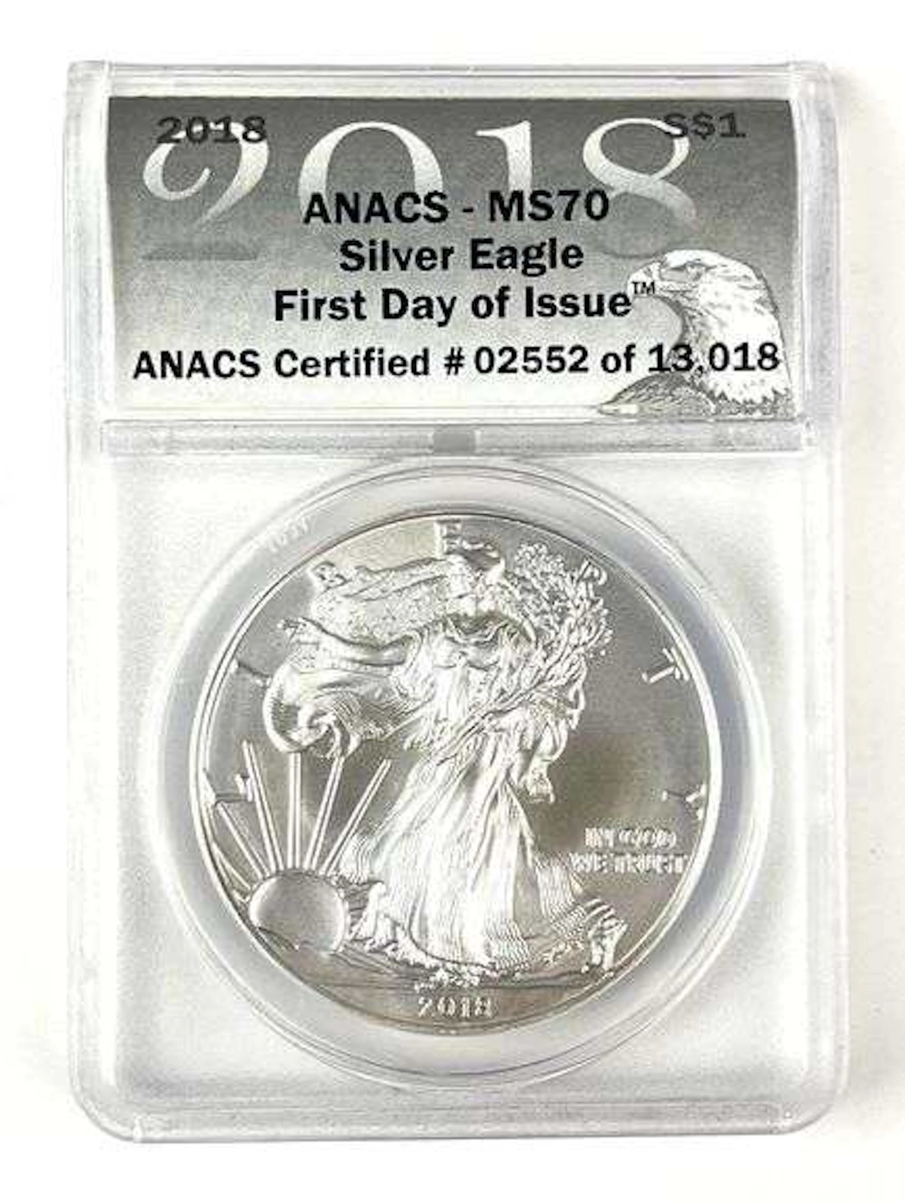 2018 US $1 American Silver Eagle 1 oz Fine Silver Coin ANACS MS70