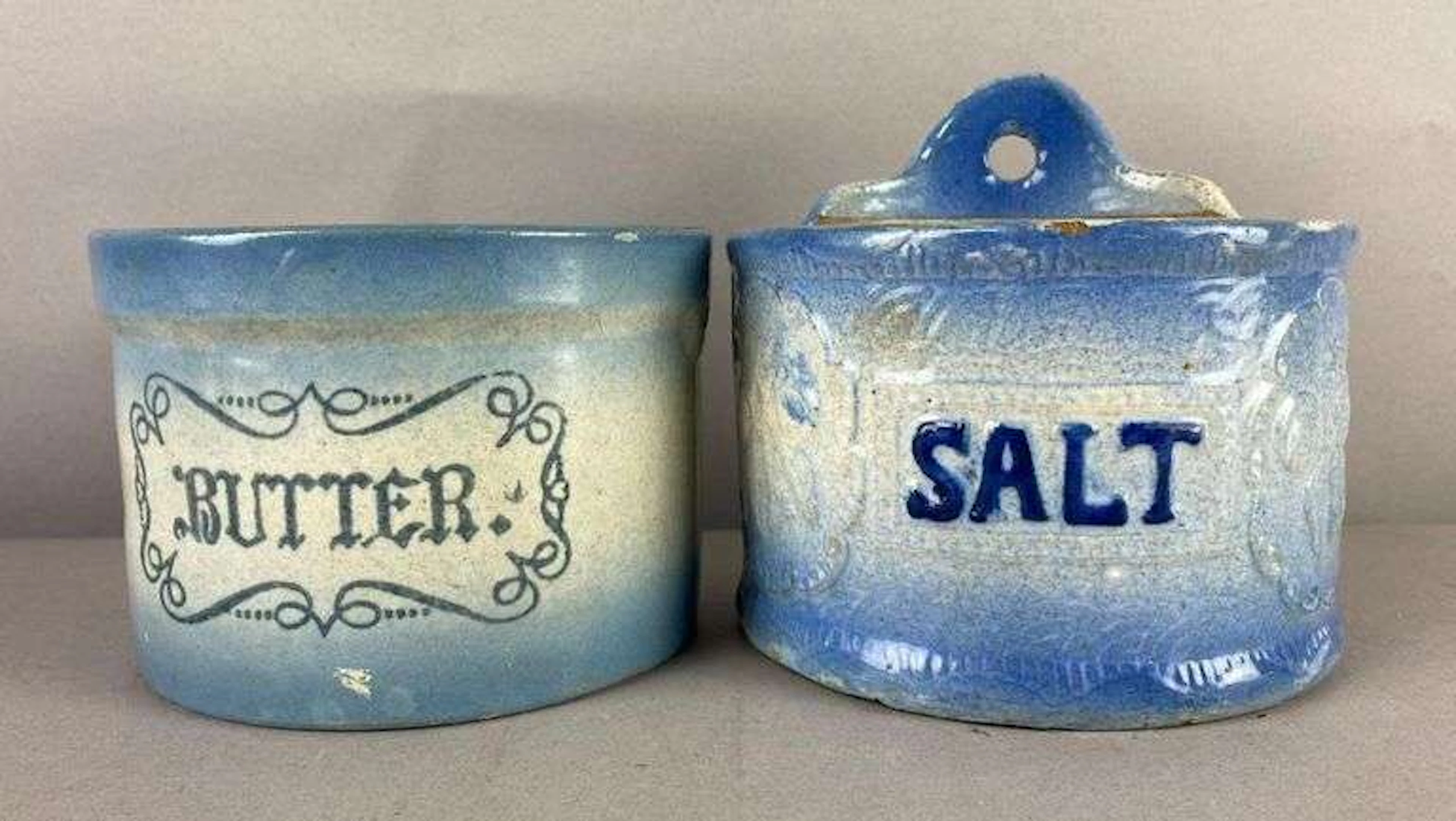 Group of 3 Vintage Blue and White Salt Glazed Stoneware Crocks