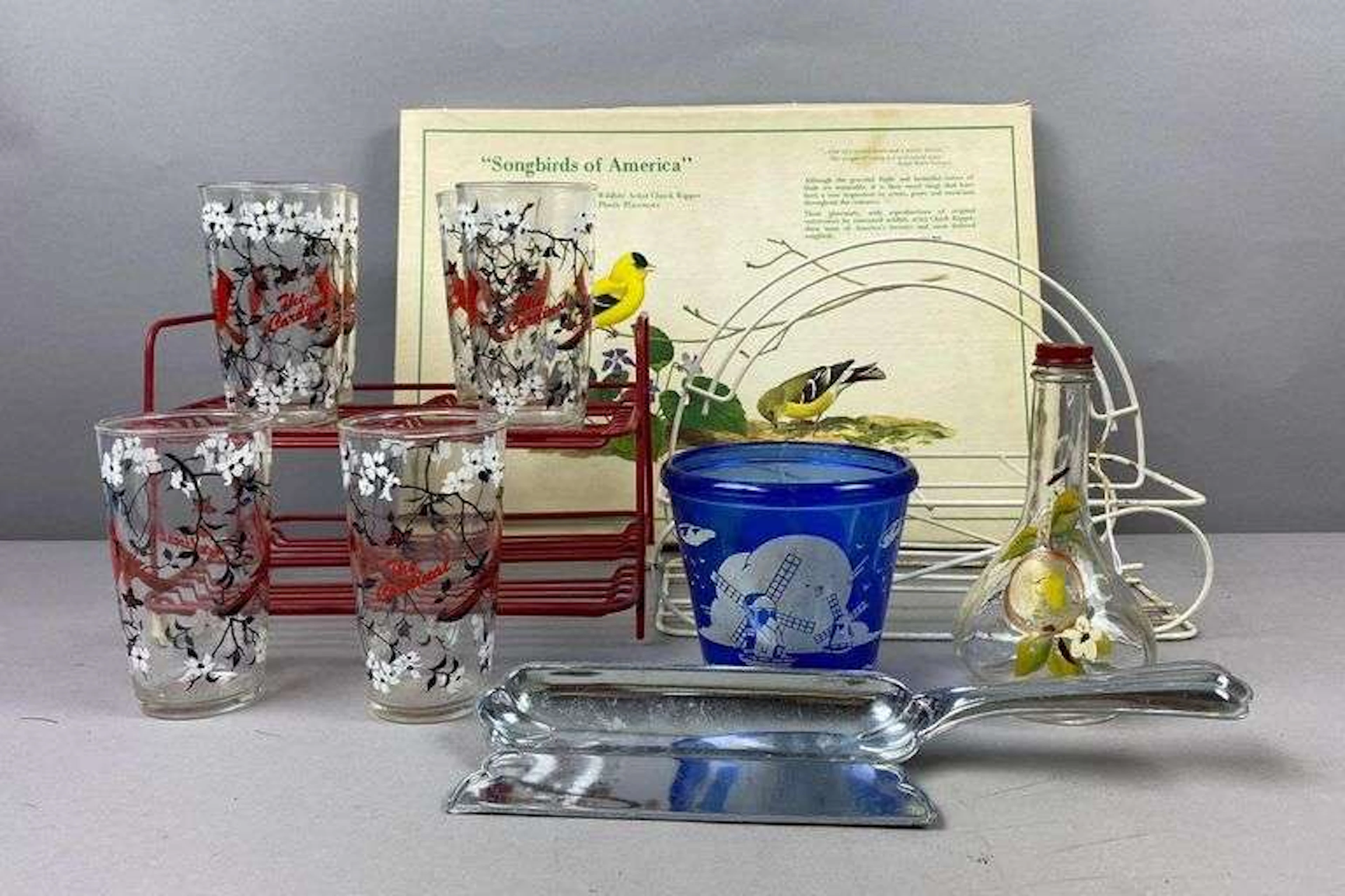 Group of Illinois State Bird Cardinals Glass Drinking Cups, and More