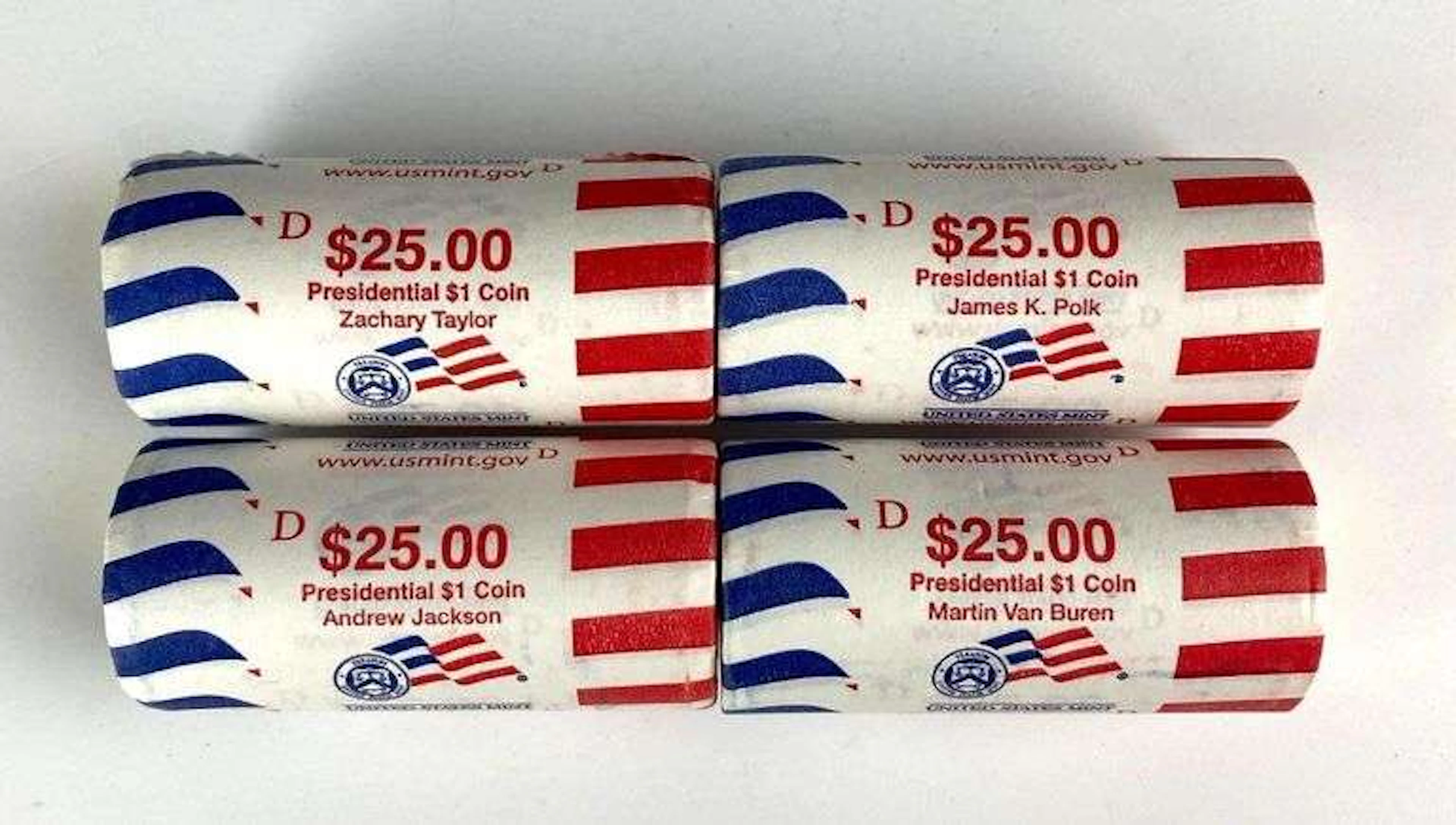 Group of 4 US Mint $25 Presidential $1 D Coin Rolls