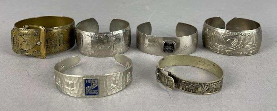 Group of 1933/34 Chicago Worlds Fair Souvenir Cuff Bracelets