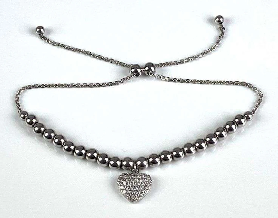 Sterling Silver Adjustable Bead Rhinestone Heart Bracelet