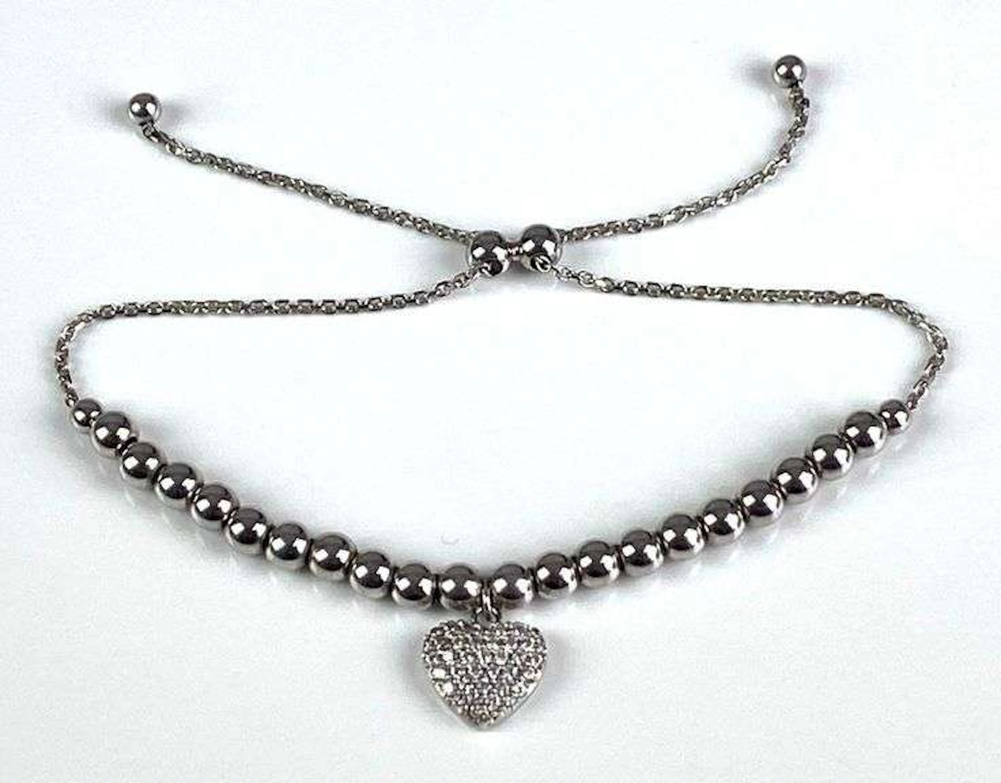 Sterling Silver Adjustable Bead Rhinestone Heart Bracelet