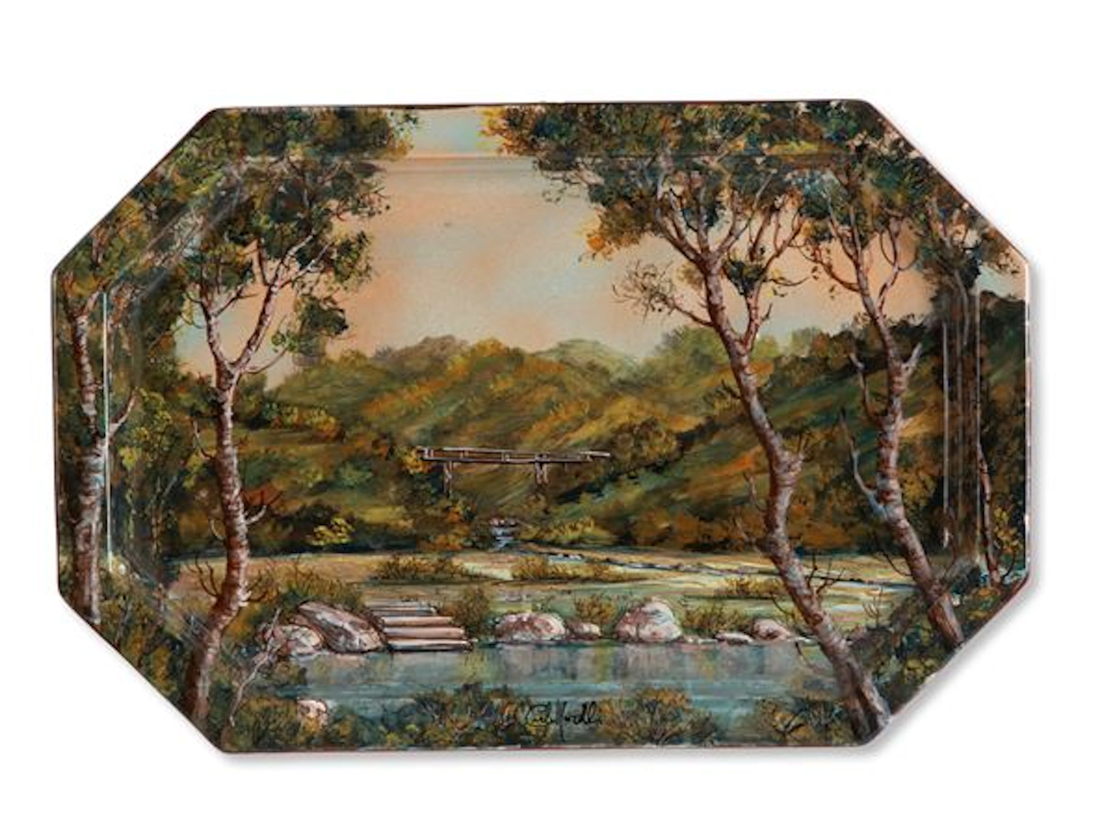 CARLO MORELLI : Vassoio ottagonale in ceramica "PAESAGGIO" - Asta