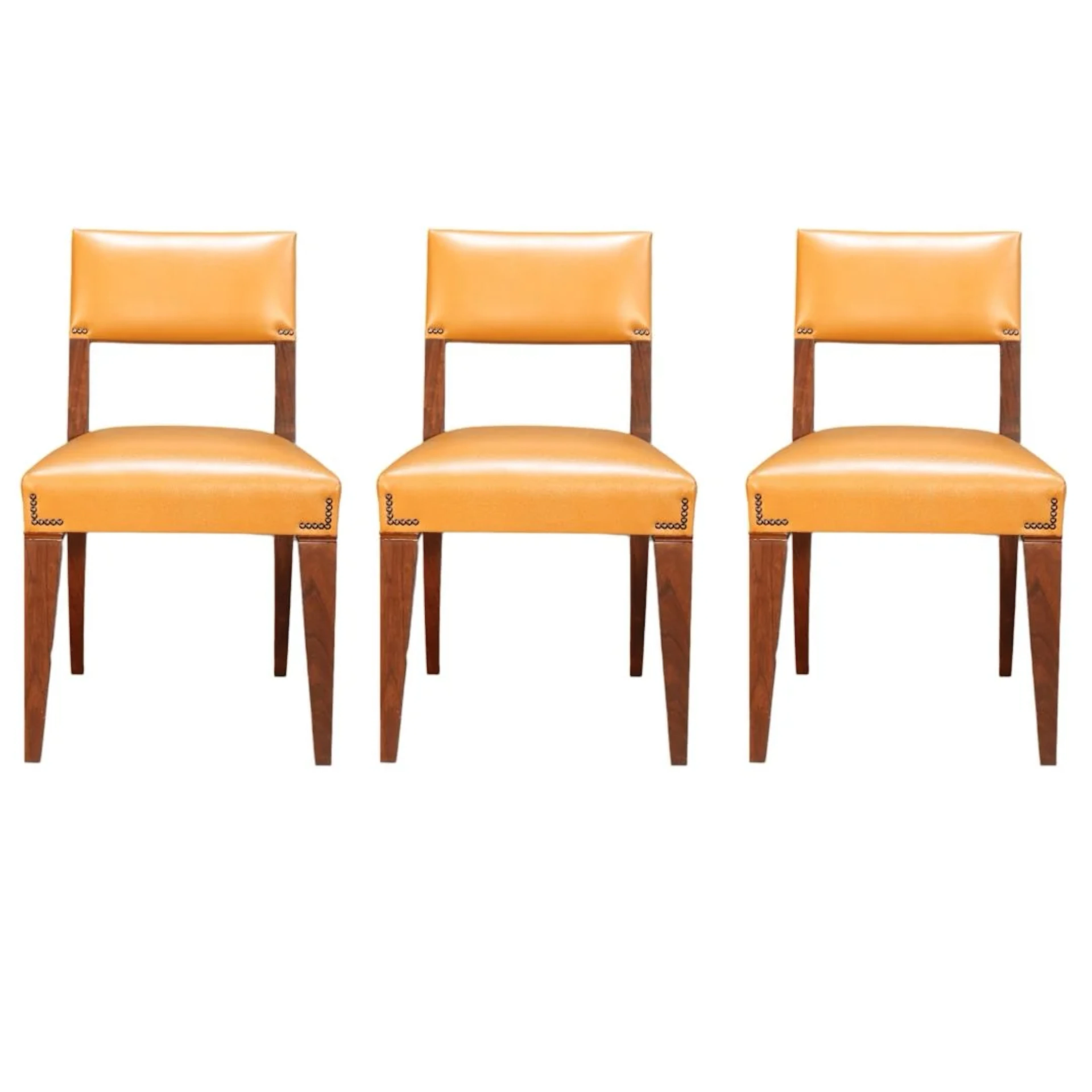 Caramel Brown Leather Chair, Set of Three