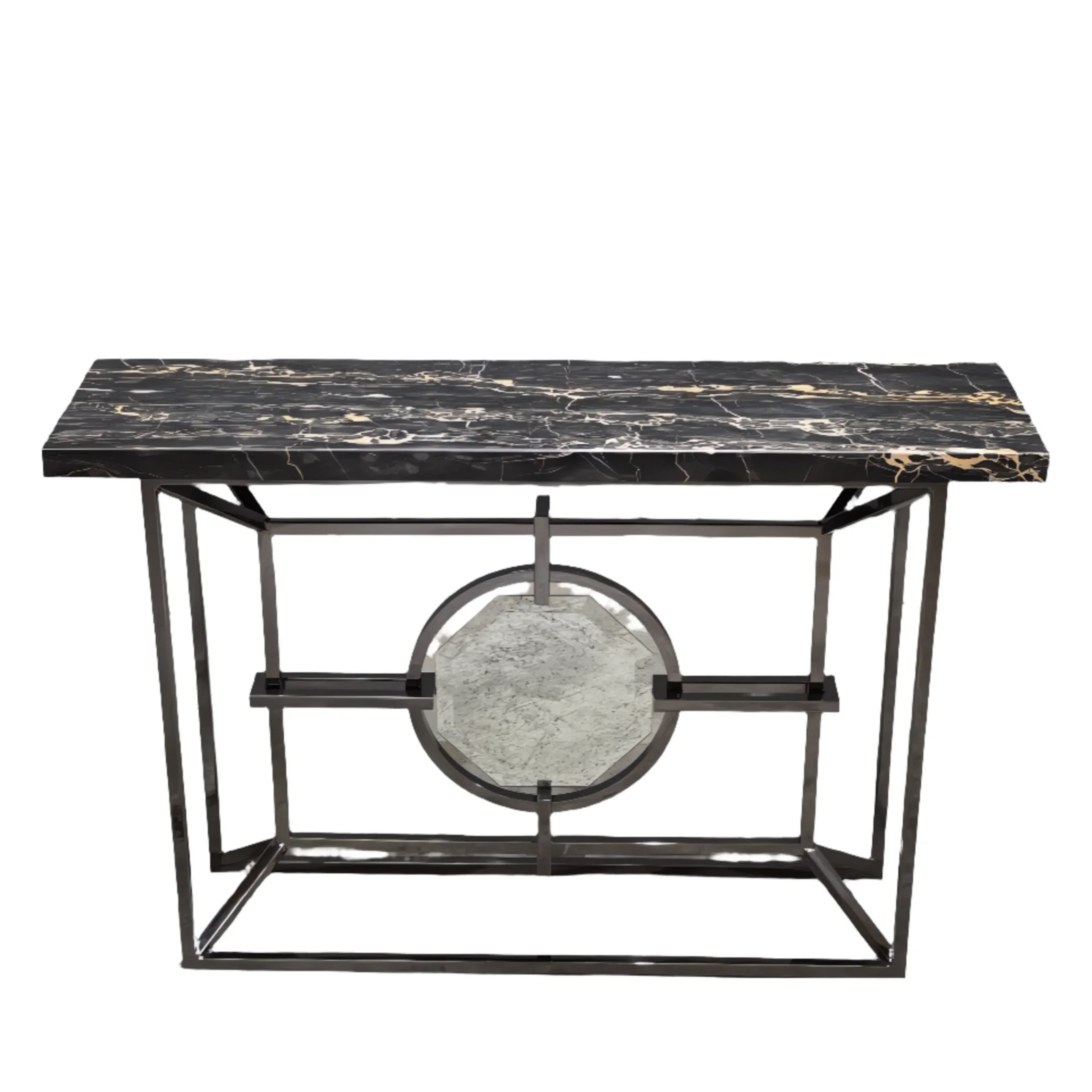 Bespoke Arabescato Corchia Black Marble Top Console Table with Plated