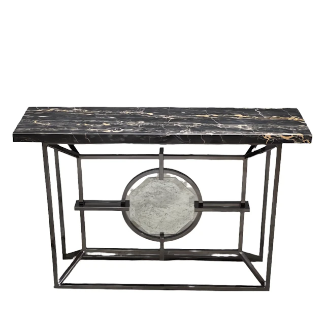Bespoke Arabescato Corchia Black Marble Top Console Table with Plated