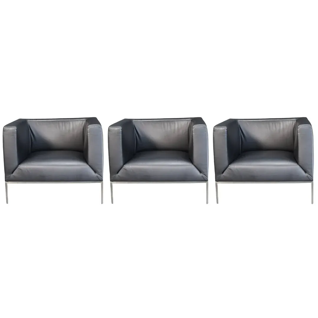 Paari Design Black Leather Armchair, Set of Three