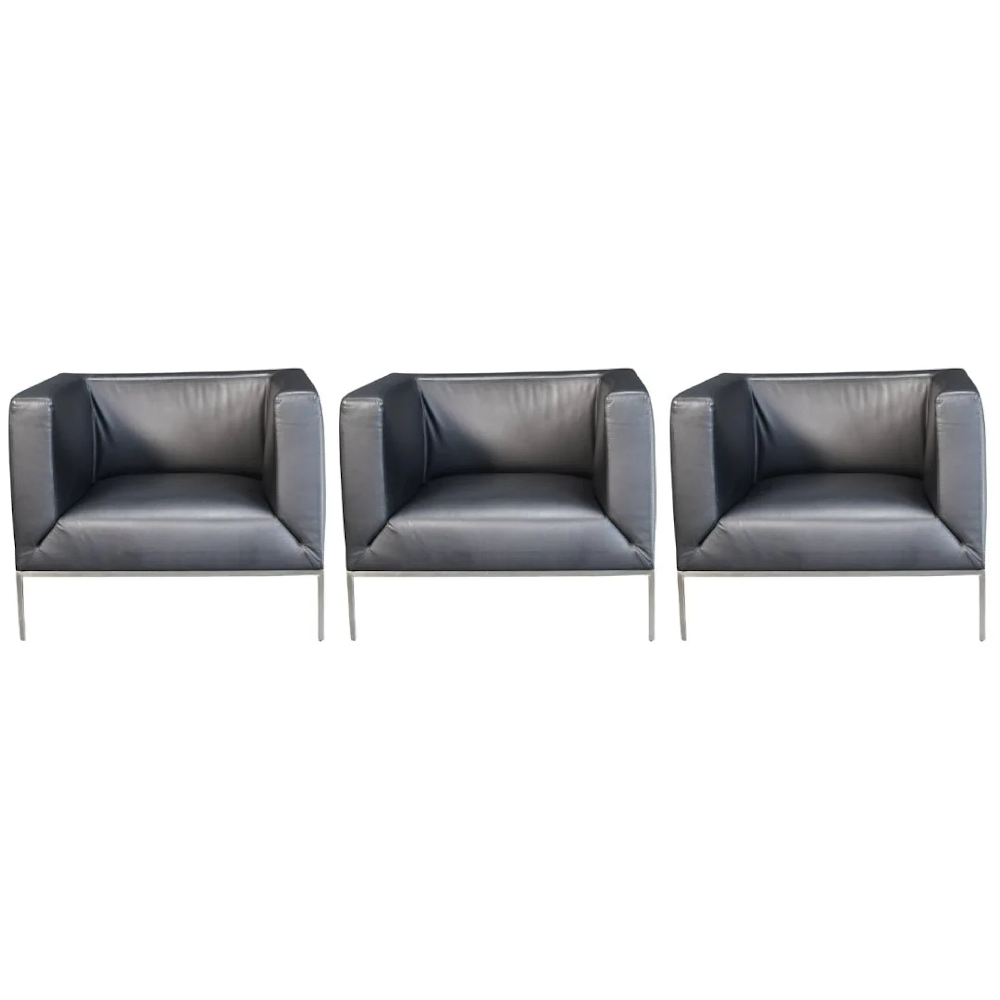 Paari Design Black Leather Armchair, Set of Three