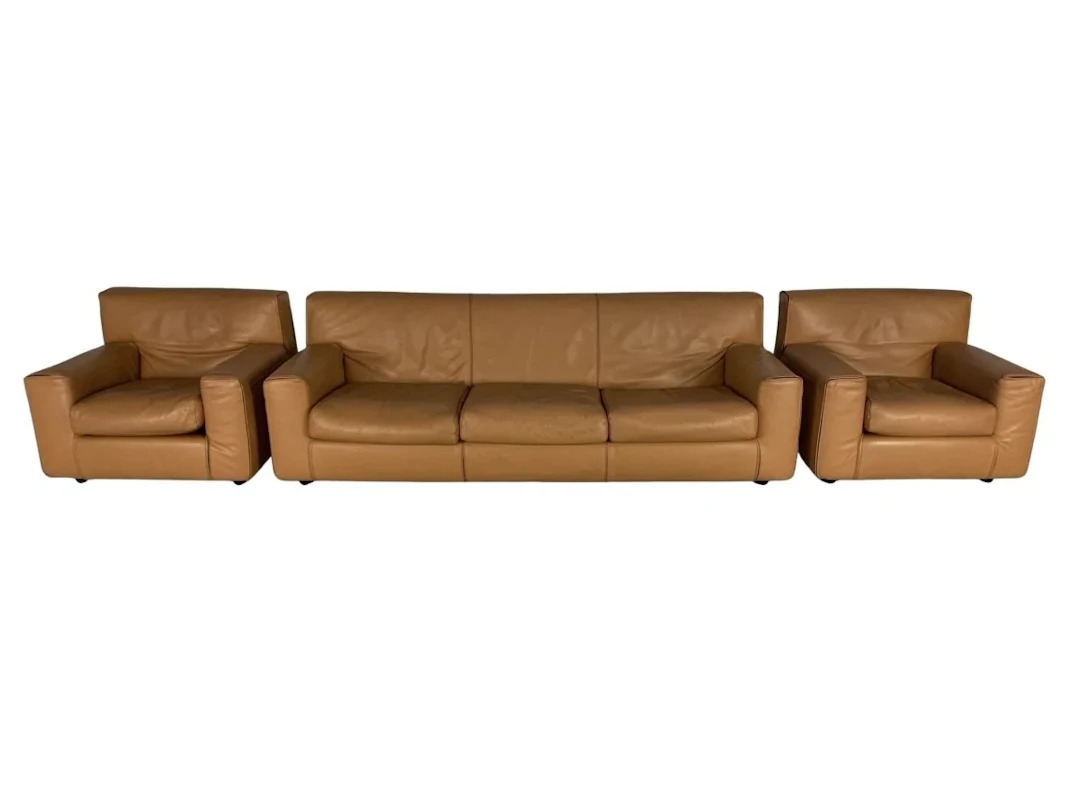 Cassina Sofa & 2 Armchairs - In Tan Brown Leather
